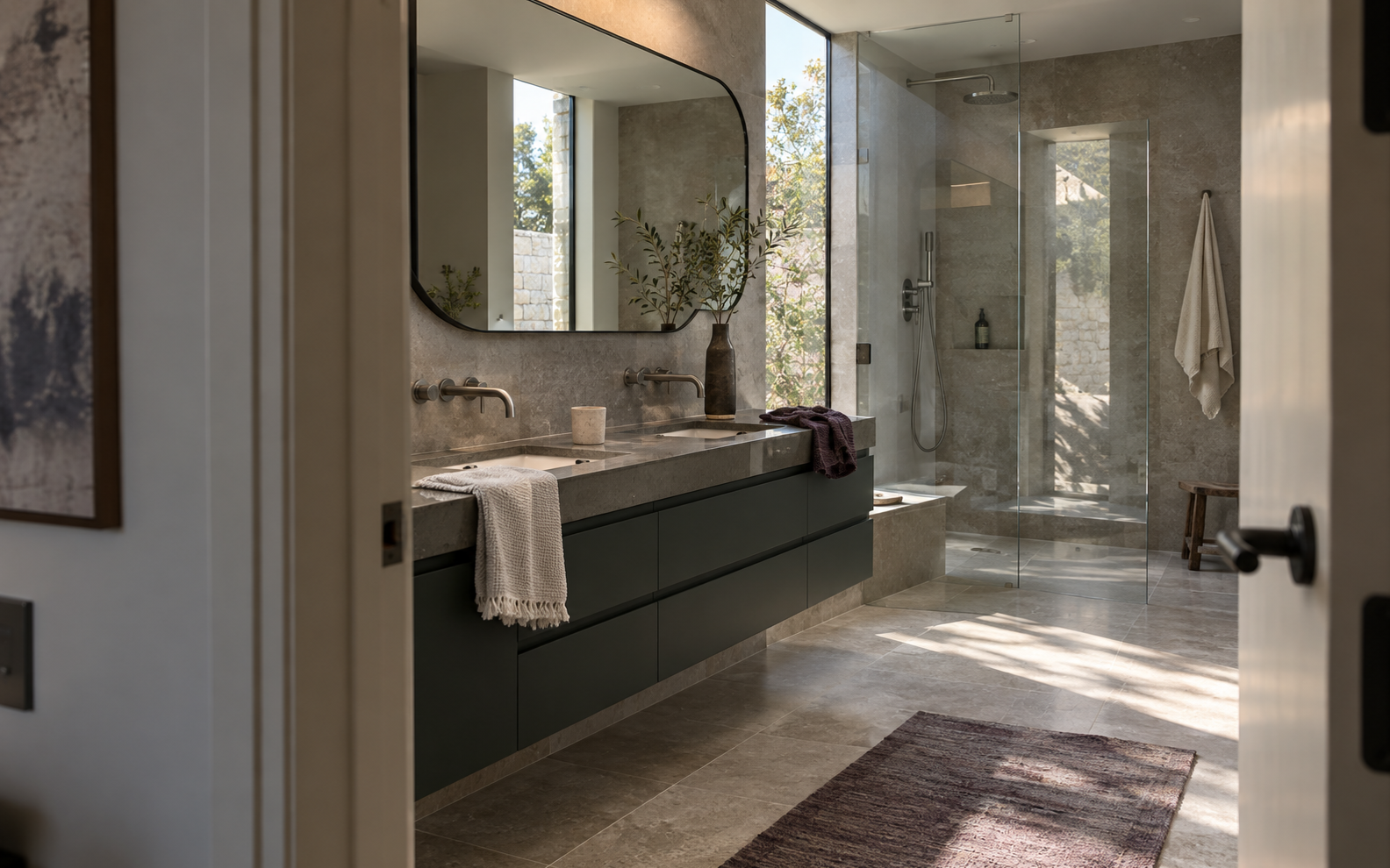 Bathroom Decor Ideas - Ravnora Decor Contemporary bathroom with floating dark vanity, statement mirror, glass shower and clear circulation