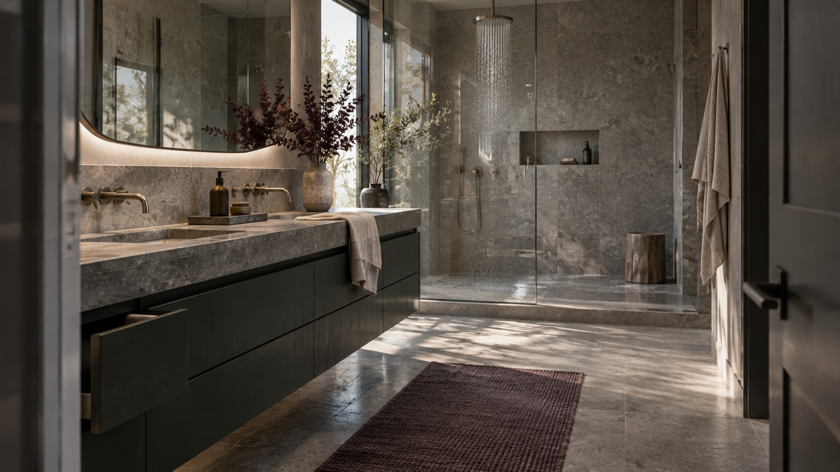 Bathroom Decor Ideas - Ravnora Decor Bathroom showing mirror, vanity, shower and floor path as four functional zones