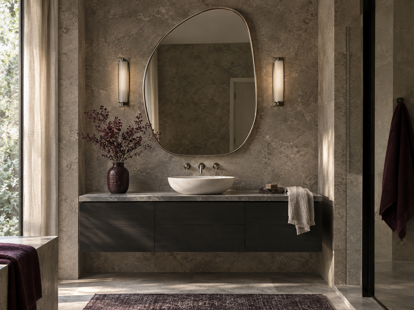 Bathroom Decor Ideas - Ravnora Decor Sculptural bathroom mirror paired with flattering layered vanity lighting
