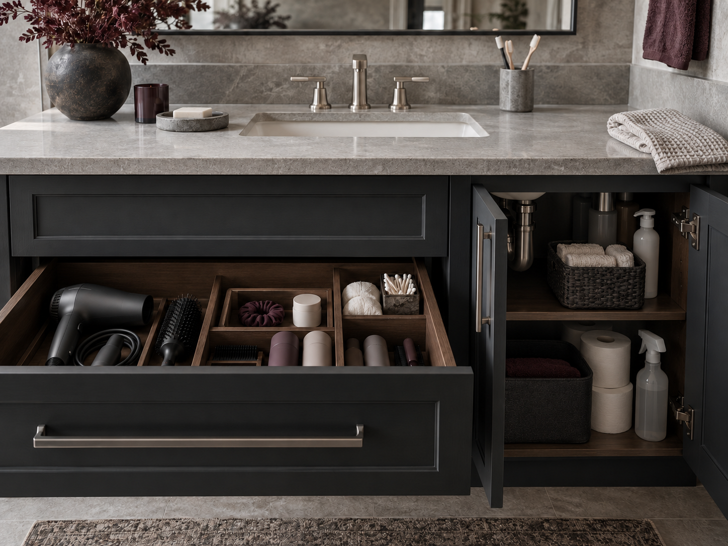 Calm bathroom counter above concealed organized vanity storage