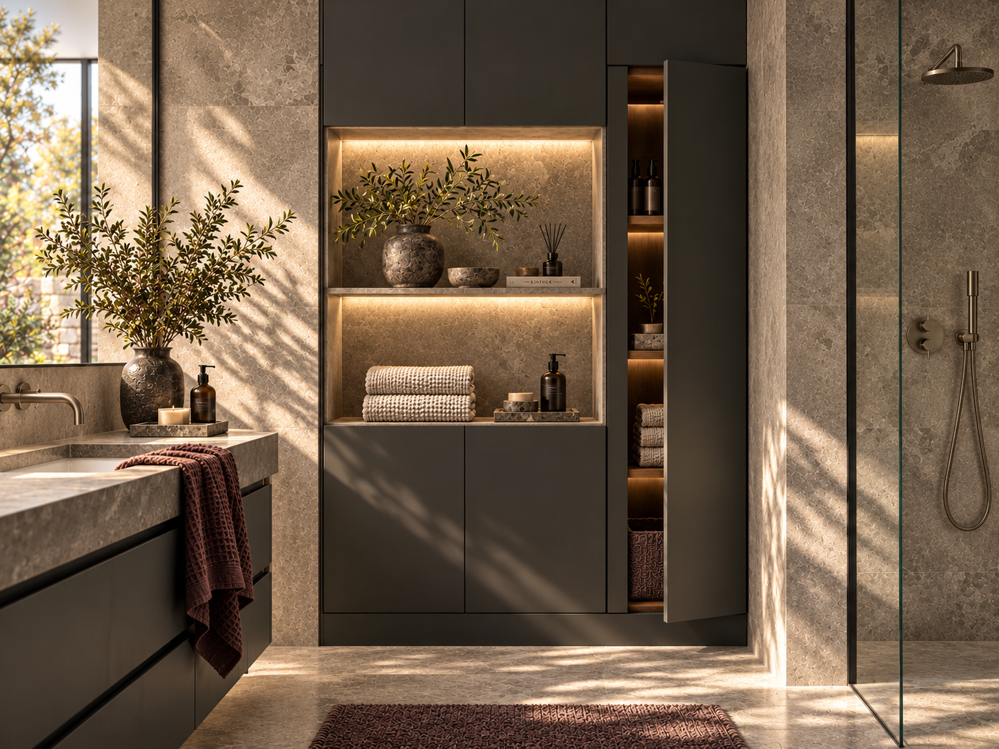 Architecturally integrated bathroom shelving with concealed storage and a few carefully displayed towels and objects