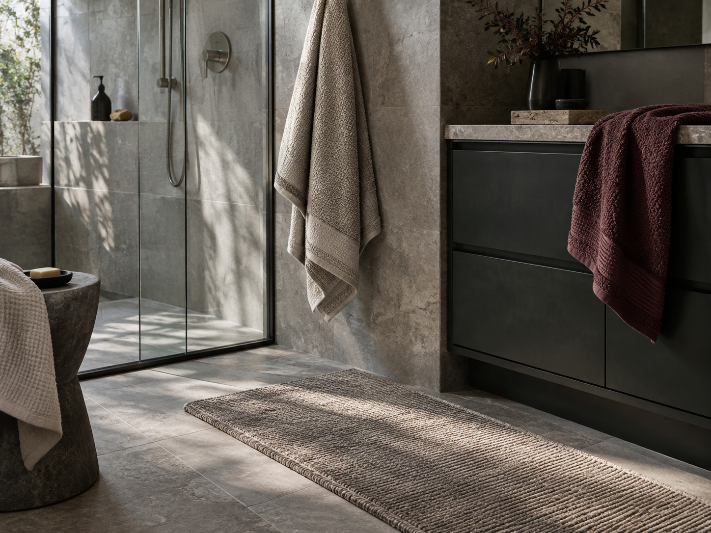 Bathroom Decor Ideas - Ravnora Decor Textured towels and bathroom rug creating a comfortable transition from wet to dry