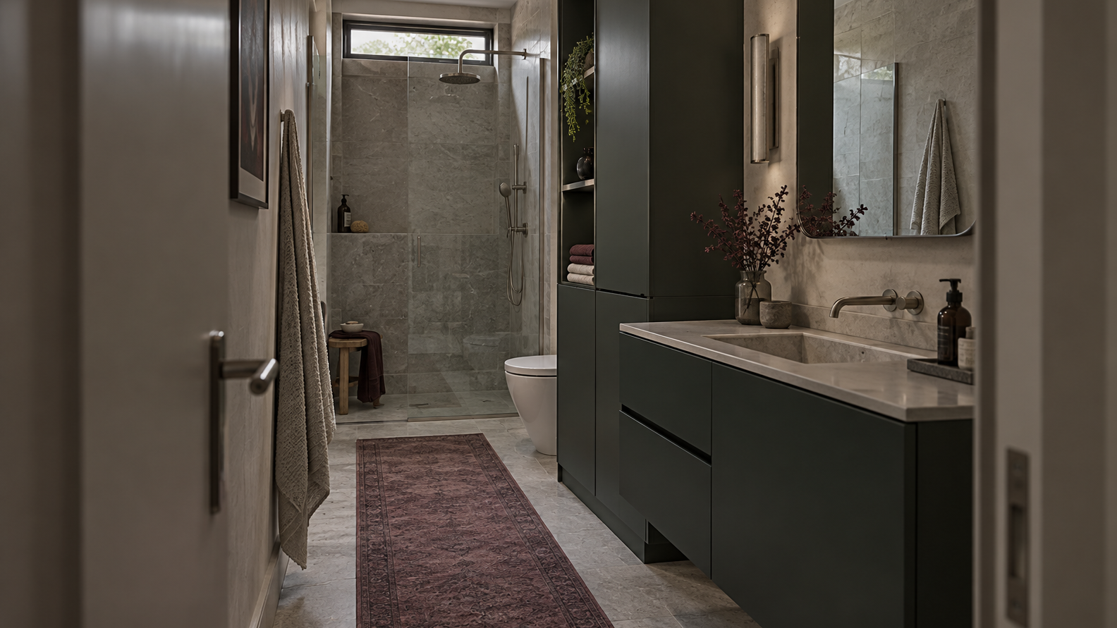 Bathroom Decor Ideas - Ravnora Decor Elegant compact bathroom using vertical storage while preserving a clear central path