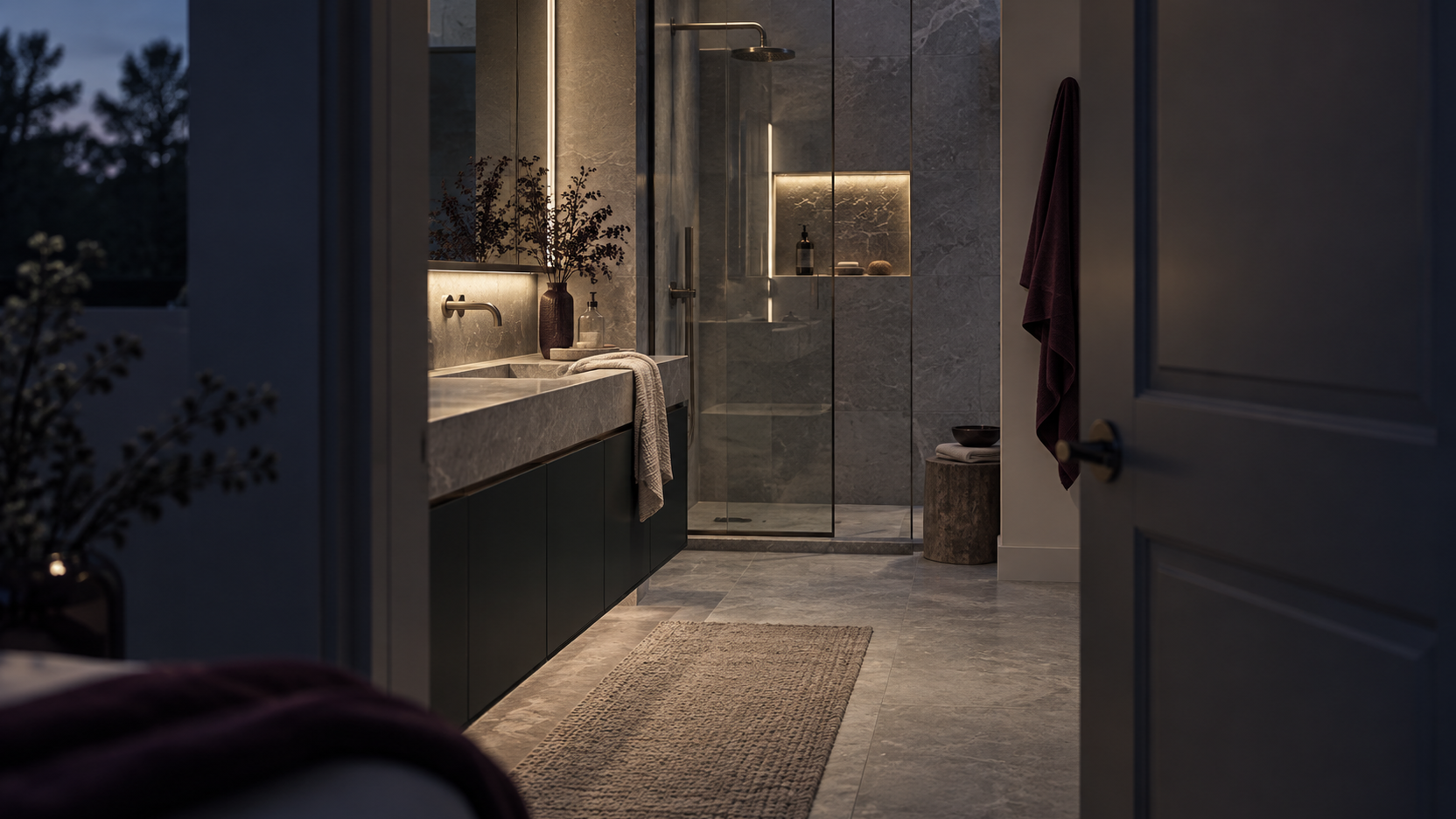Bathroom Decor Ideas - Ravnora Decor Calm blue-hour bathroom with soft vanity lighting, clear surfaces and an orderly shower