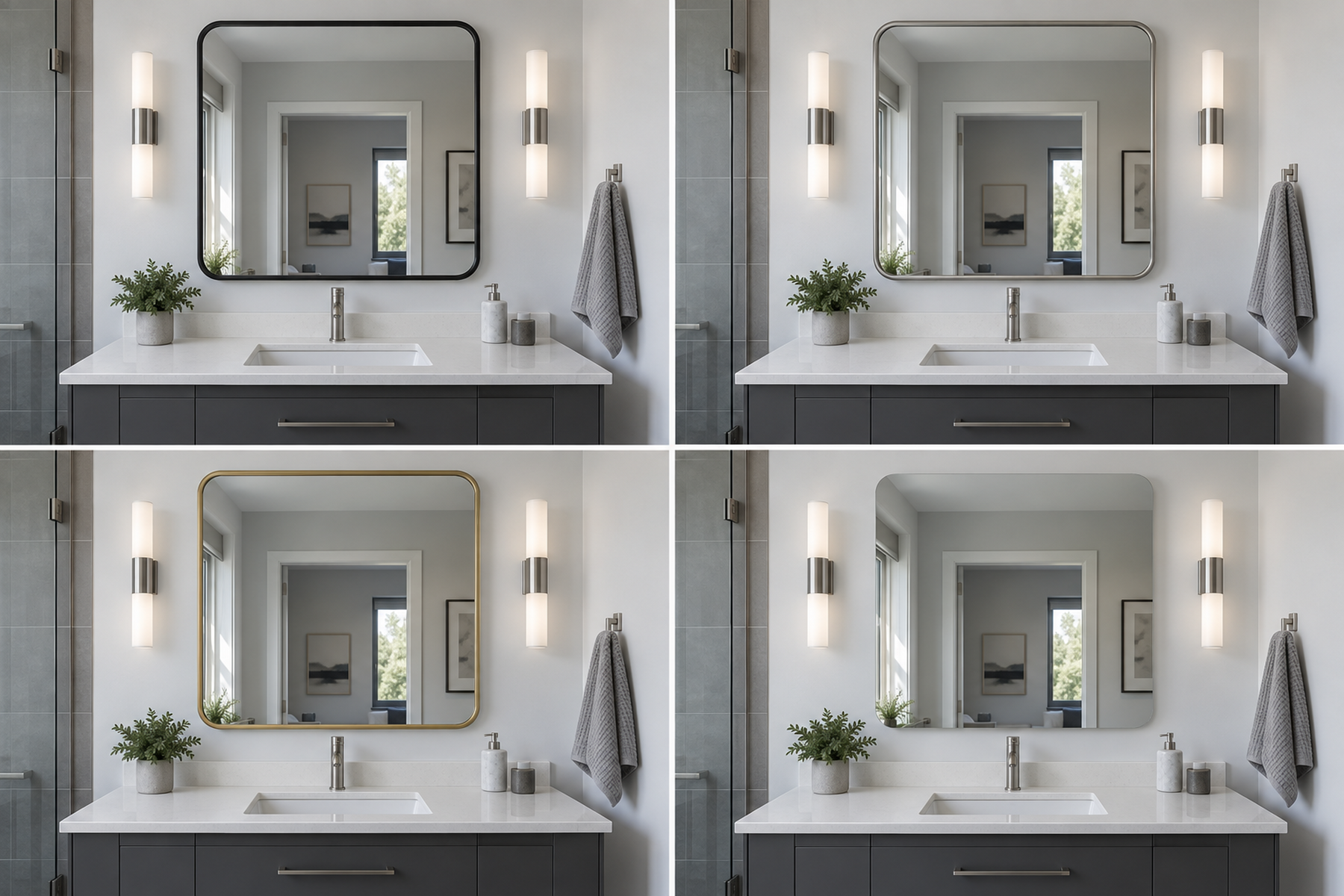 Bathroom Mirrors - Ravnora Decor Same modern bathroom vanity with identical rounded rectangle mirrors compared in matte black, brushed nickel, brushed gold and frameless finishes