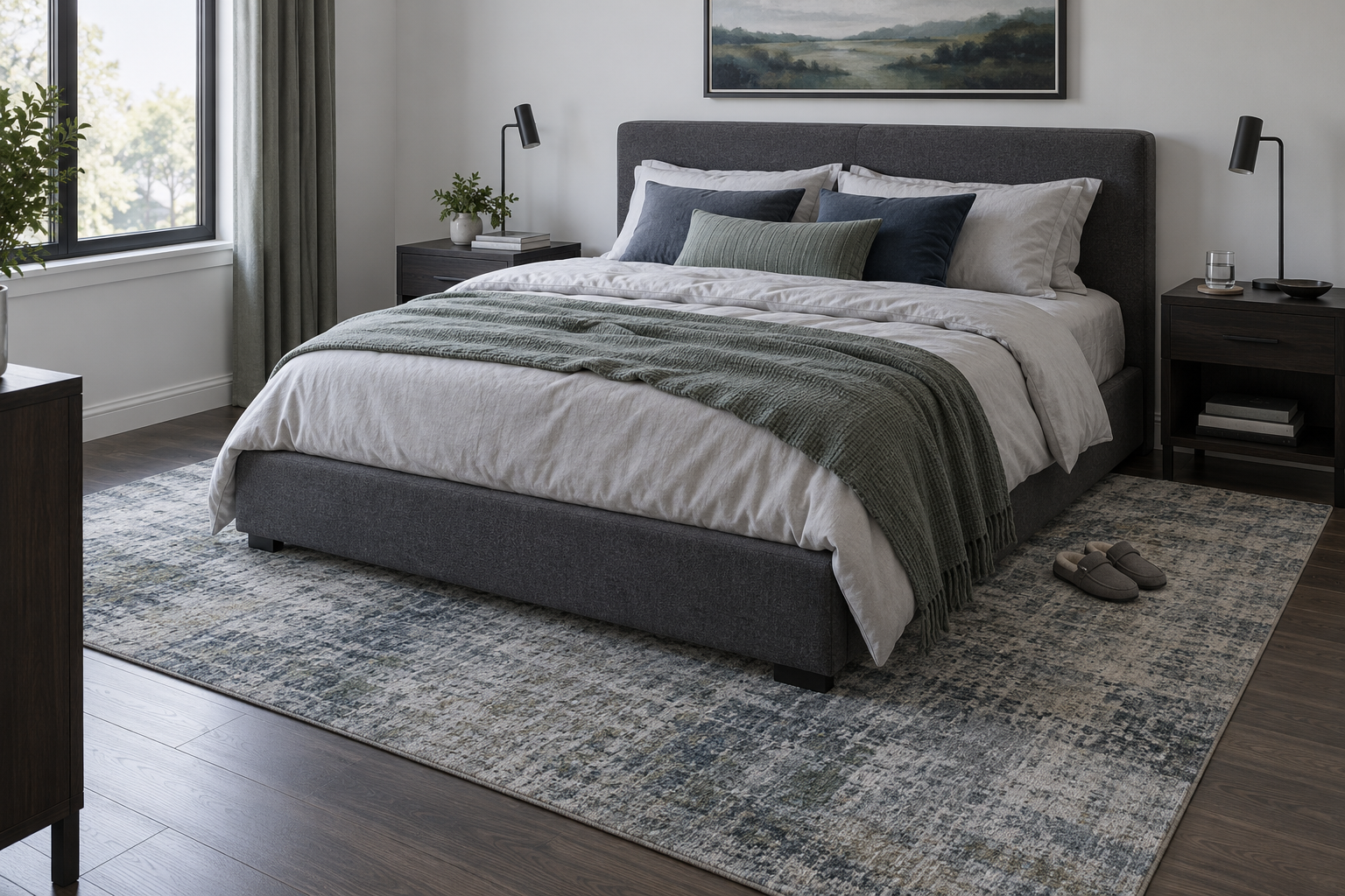Contemporary bedroom showing a properly scaled area rug extending beside and beyond a queen bed to create a comfortable barefoot landing.