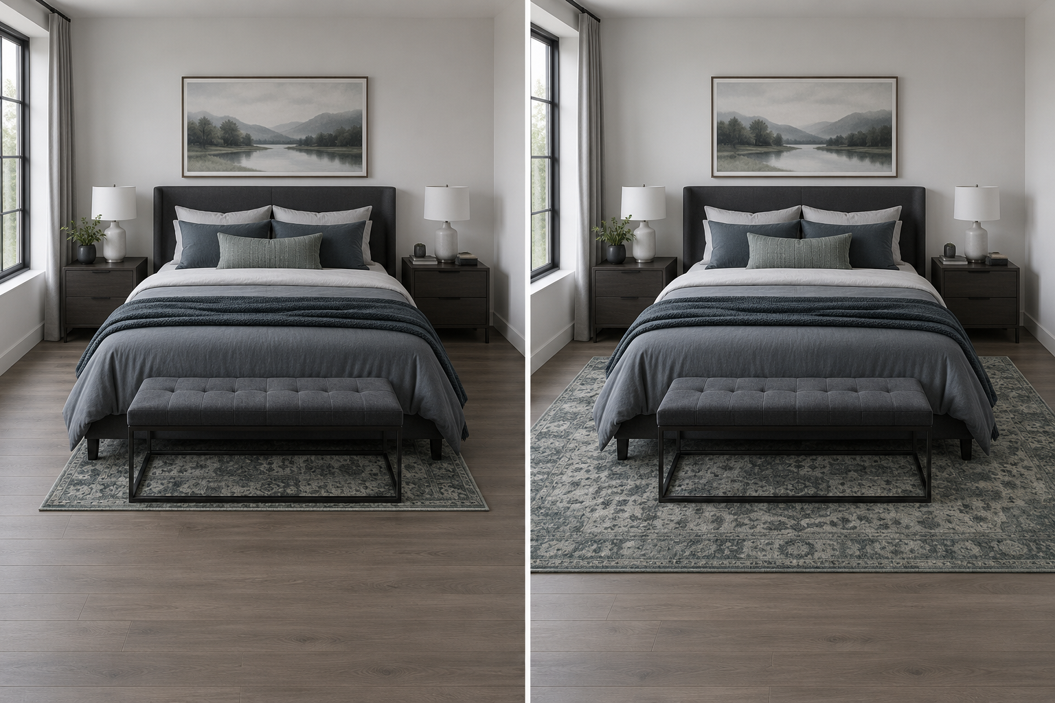 Side-by-side bedroom comparison showing an undersized rug with little exposed landing space versus a correctly scaled rug extending around the bed.