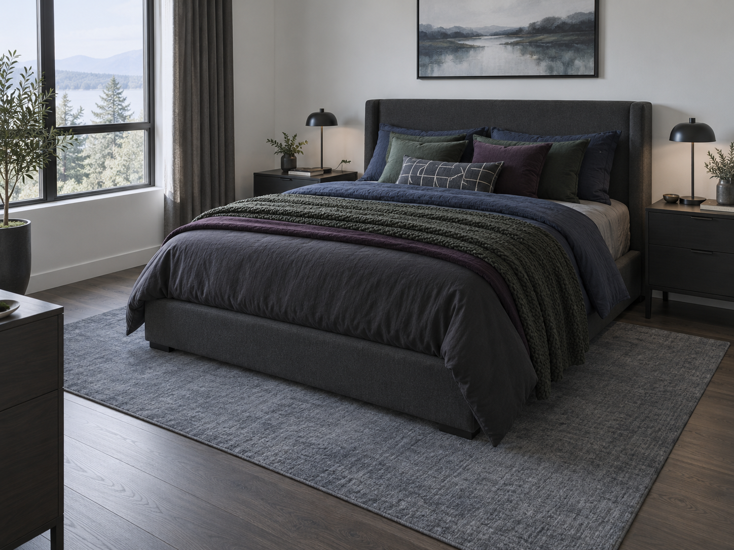 Bedroom with visually active bedding balanced by a calm low-contrast rug beneath the bed.