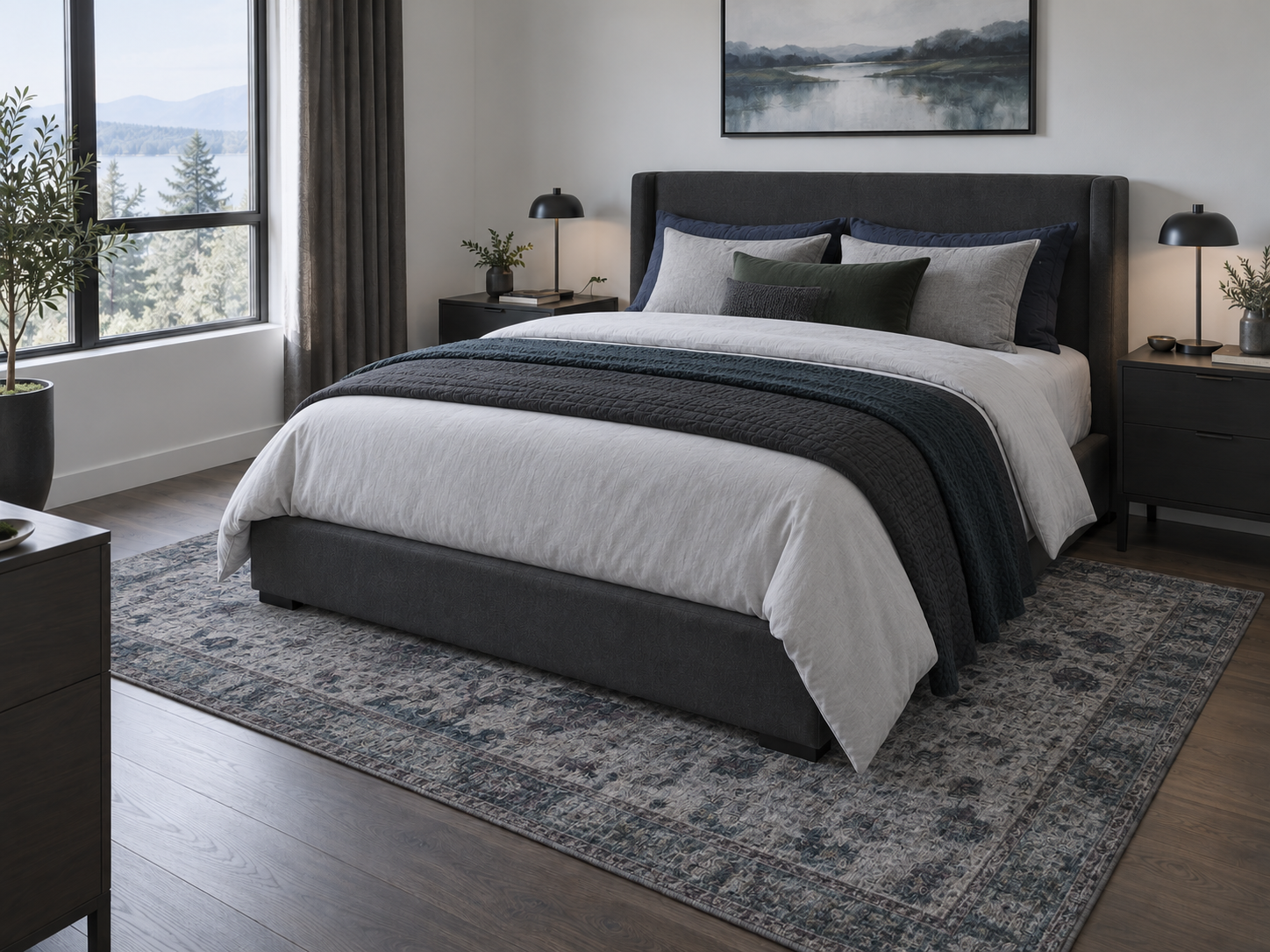 Bedroom with quiet neutral bedding balanced by a more expressive patterned area rug beneath the bed.