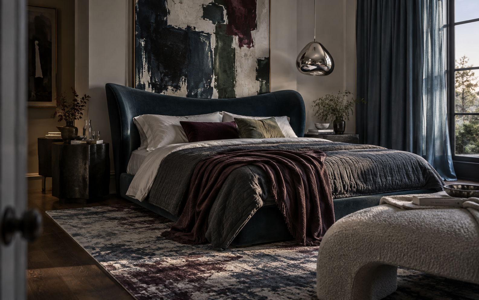 Bedroom Decor Ideas - Ravnora Decor Dramatic contemporary bedroom with sculptural upholstered bed, layered textiles, full-height curtains and statement lighting.
