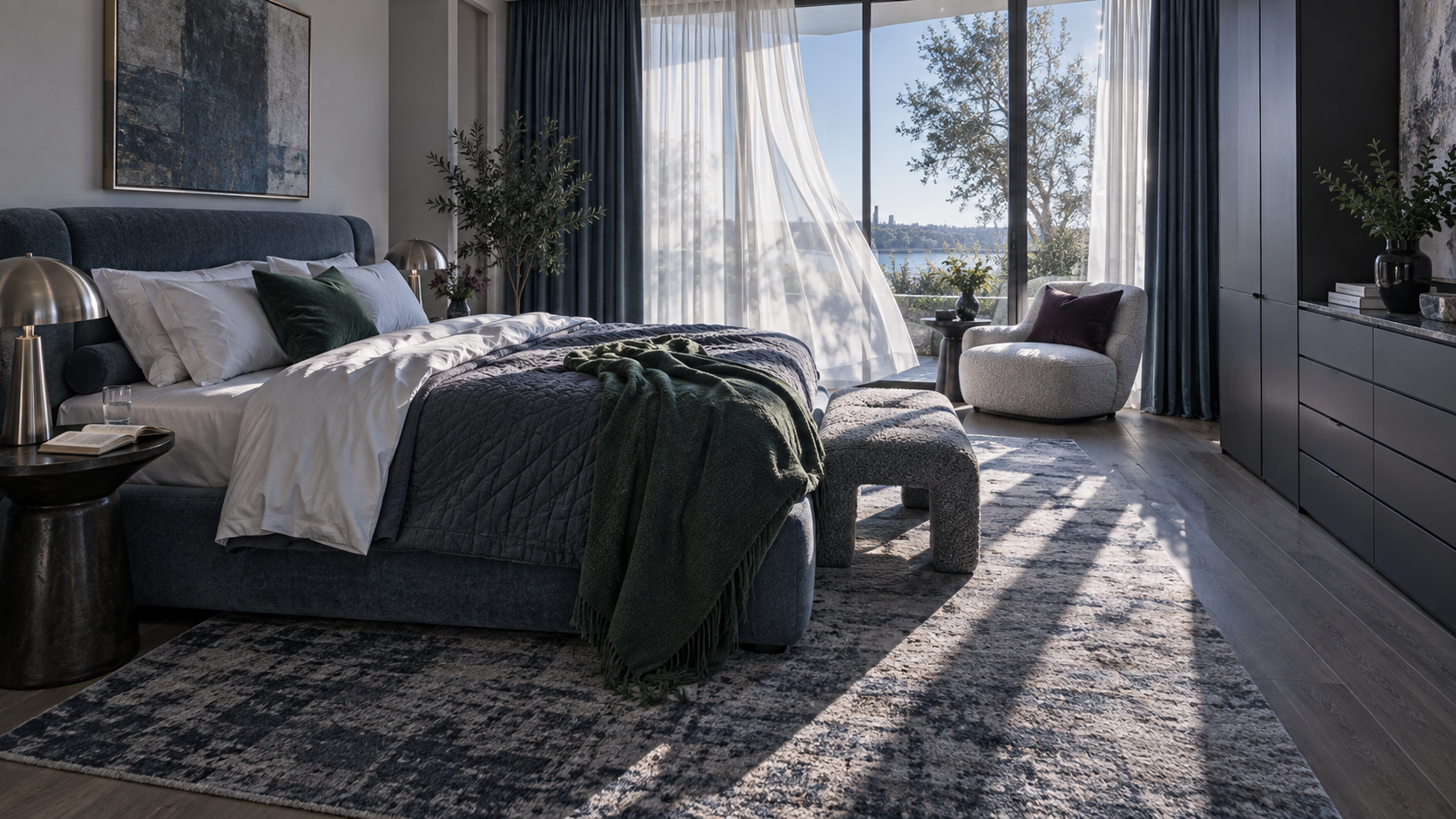 Bedroom Decor Ideas - Ravnora Decor Fresh contemporary bedroom in morning daylight with open curtains, layered bed and clear circulation.