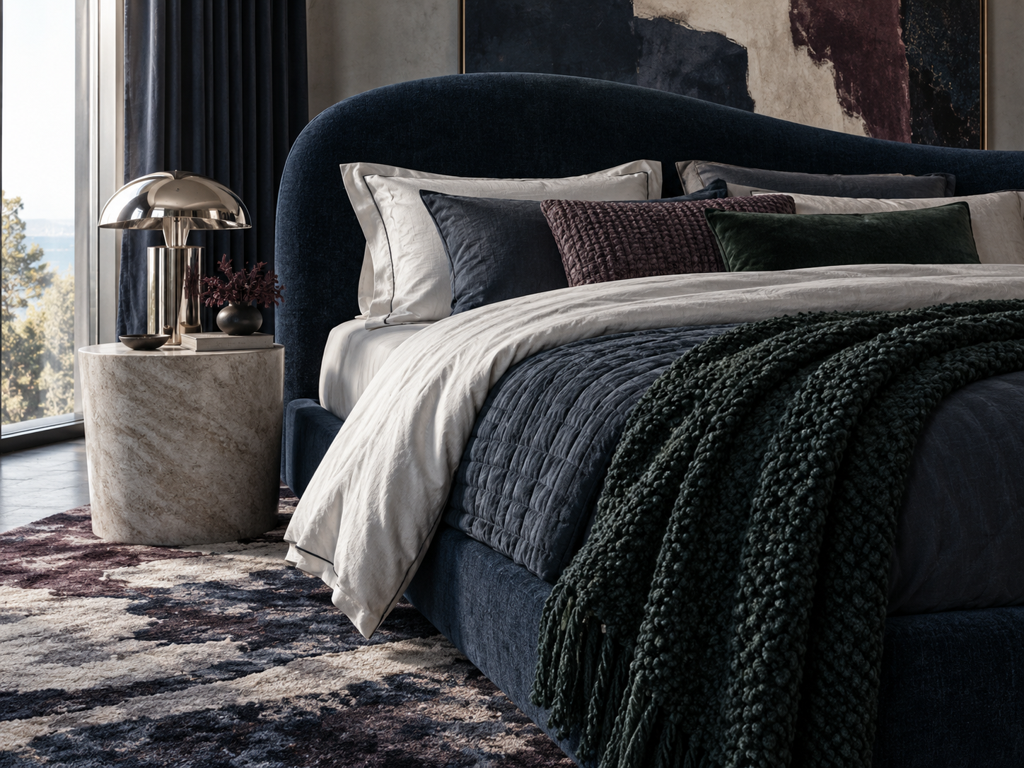 Bedroom Decor Ideas - Ravnora Decor Close editorial view of a sculptural bedroom bed with layered bedding, textured rug and statement bedside lighting.