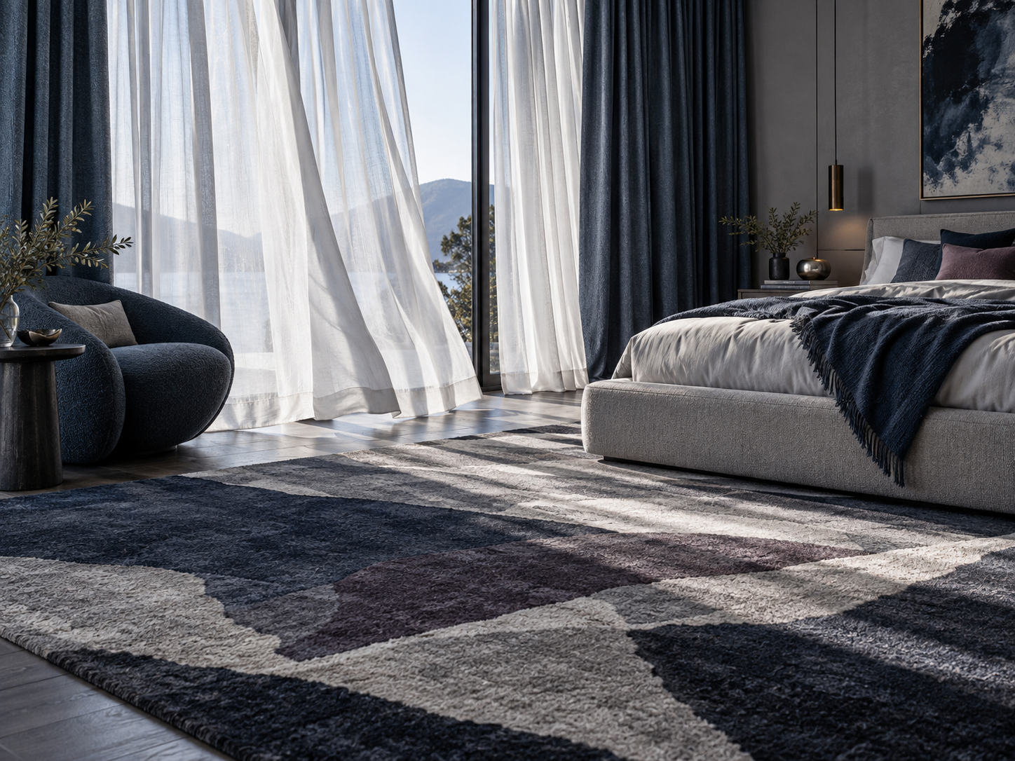 Contemporary bedroom framed by flowing full-height curtains and a large expressive textured rug.