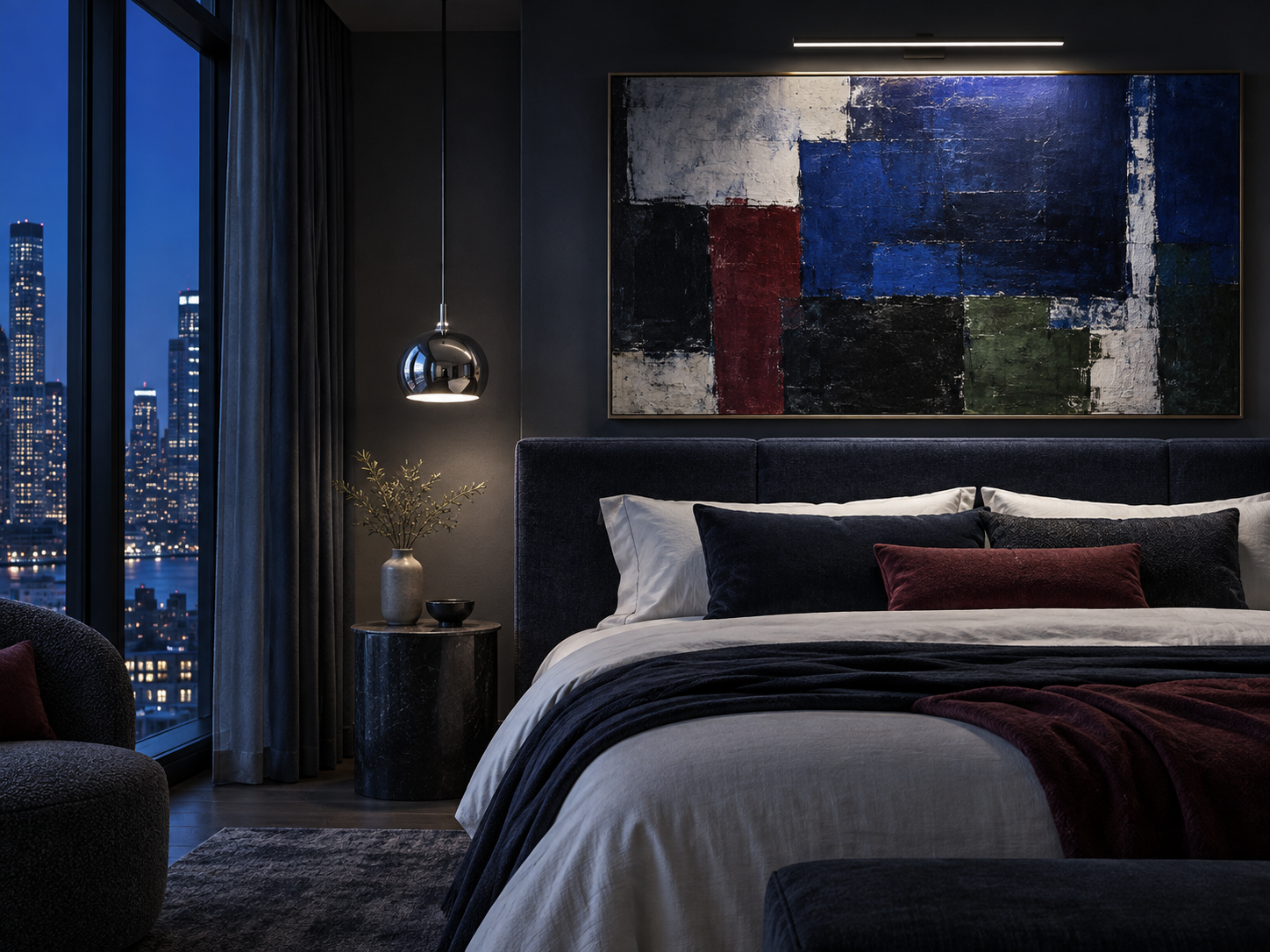 Bedroom Decor Ideas - Ravnora Decor Blue-hour contemporary bedroom with oversized abstract artwork, deep upholstered headboard and sculptural neutral-white bedside lighting.