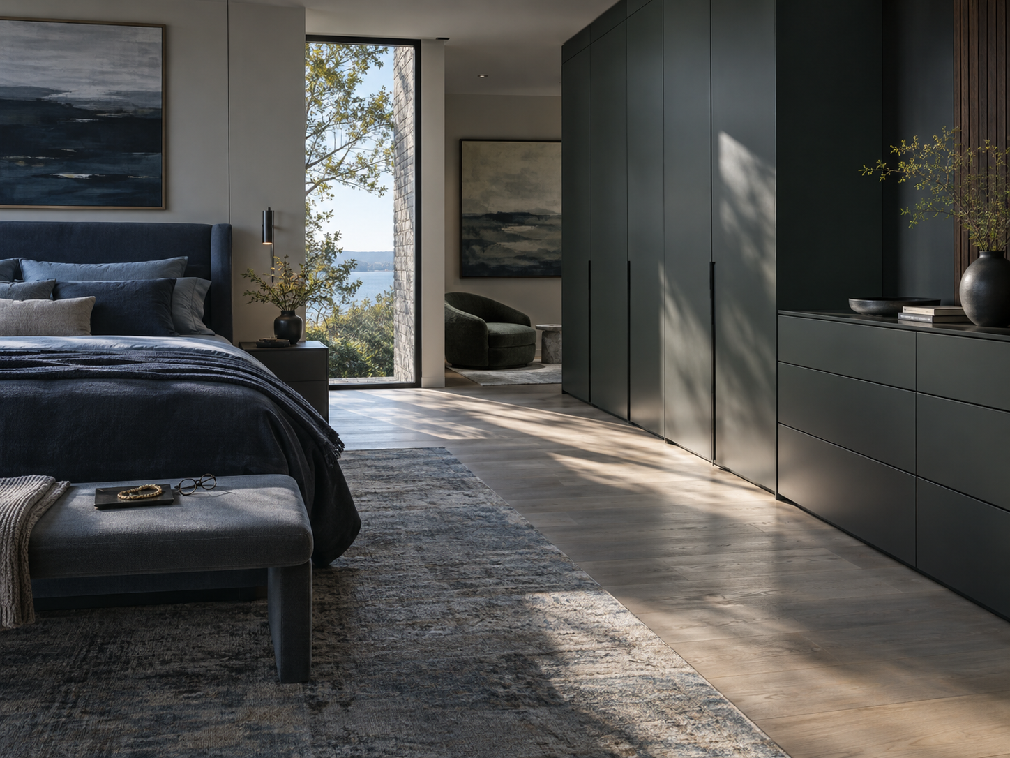 Bedroom Decor Ideas - Ravnora Decor Calm contemporary bedroom with integrated closed storage, clear surfaces and open circulation.