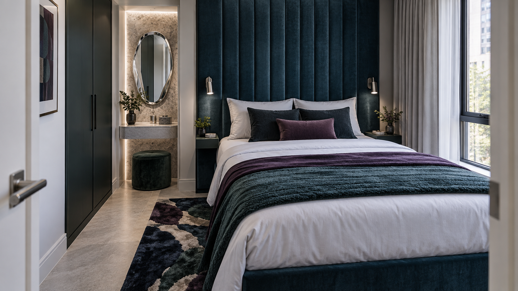 Bedroom Decor Ideas - Ravnora Decor Character-rich compact bedroom with dramatic upholstered headboard, floating bedside solutions, vertical closed storage and clear circulation.