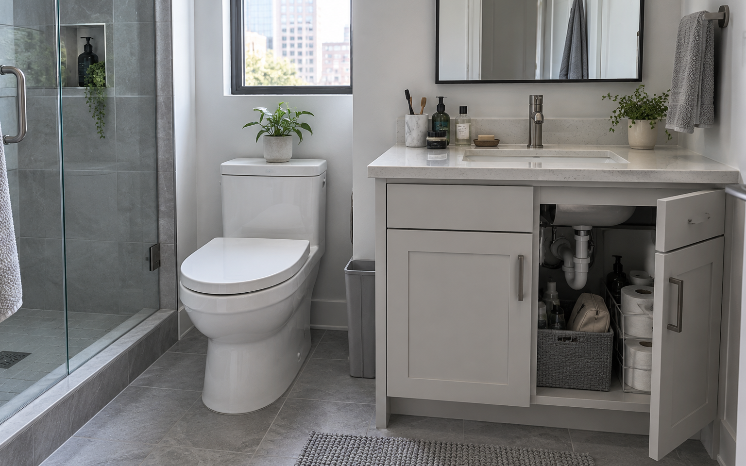 Compact contemporary bathroom showing countertop clutter, difficult under-sink access and unused storage capacity before a better storage system is chosen.