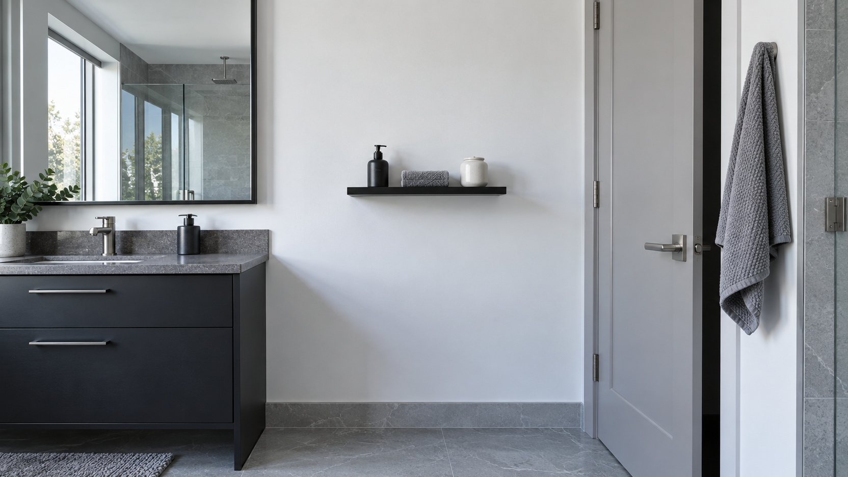 Bathroom floating shelf positioned between a vanity mirror and doorway to illustrate width, depth and clearance checks