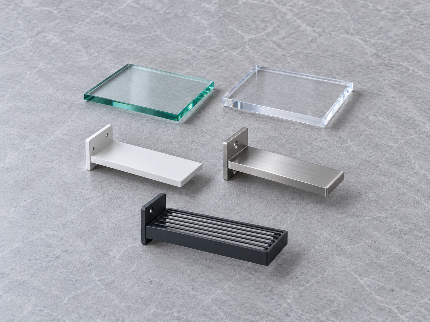 Close-up comparison of clear glass, acrylic, white metal, brushed metal and dark metal bathroom shelf finishes