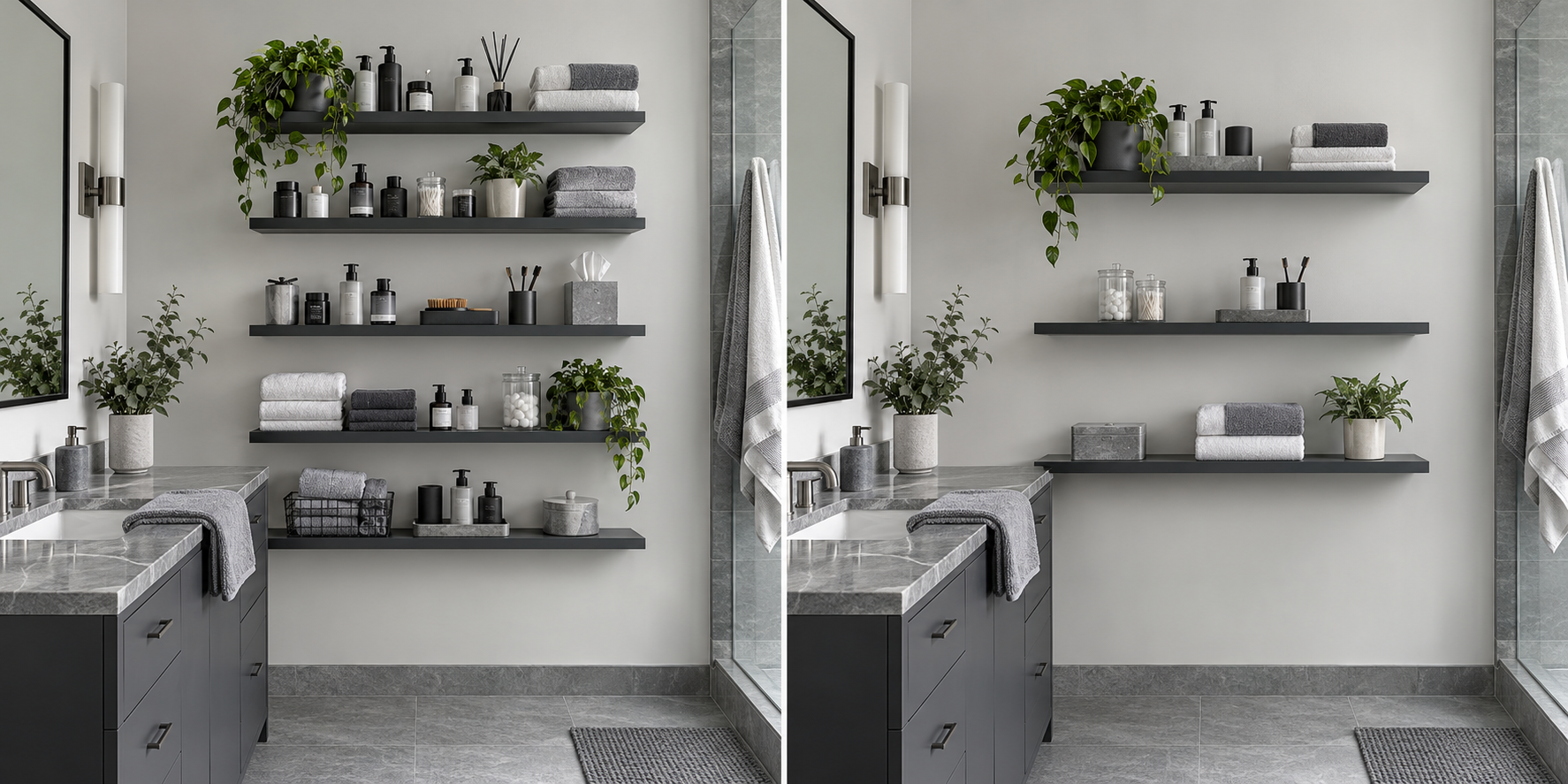 Bathroom wall overloaded with too many shelves and visible bathroom items