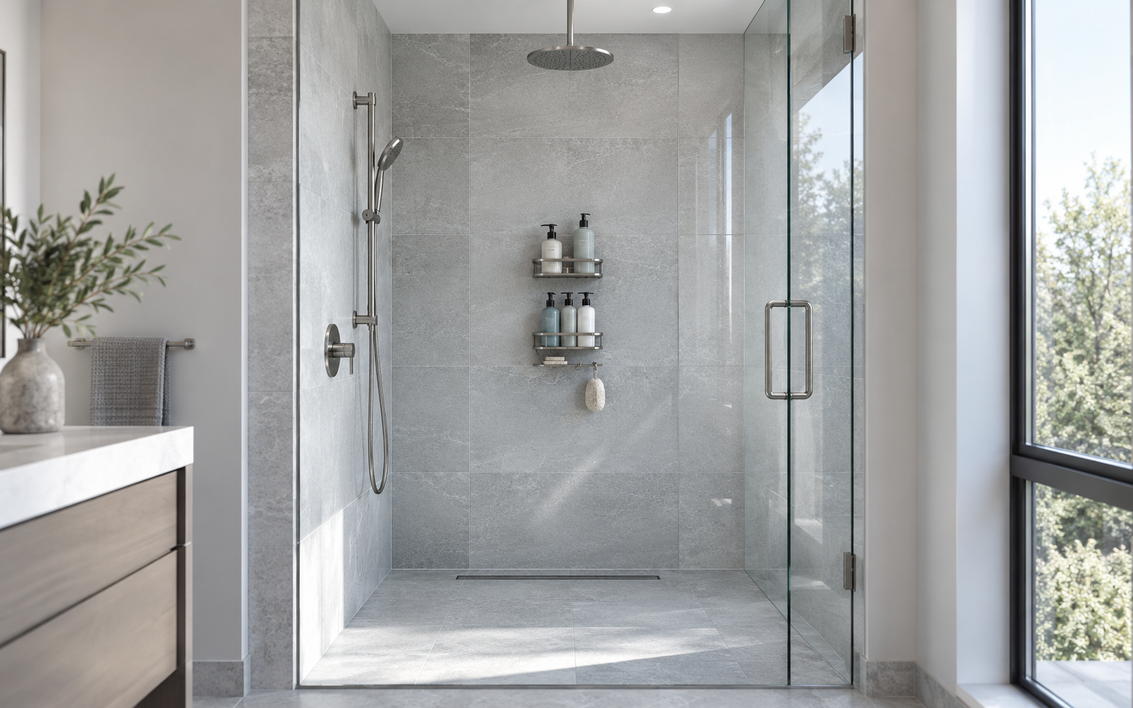 Elegant modern walk-in shower with one organized storage system and a completely clear wet floor.