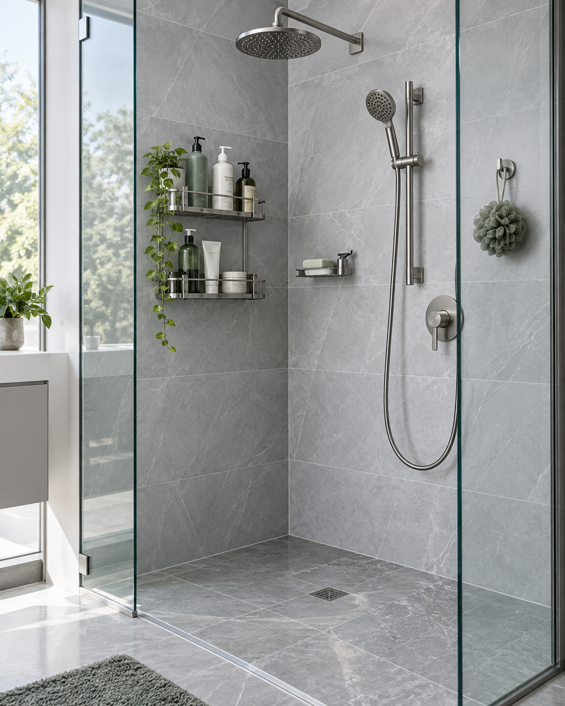 Contemporary shower arranged into distinct zones for primary bottles, small items, hanging tools and a clear floor.