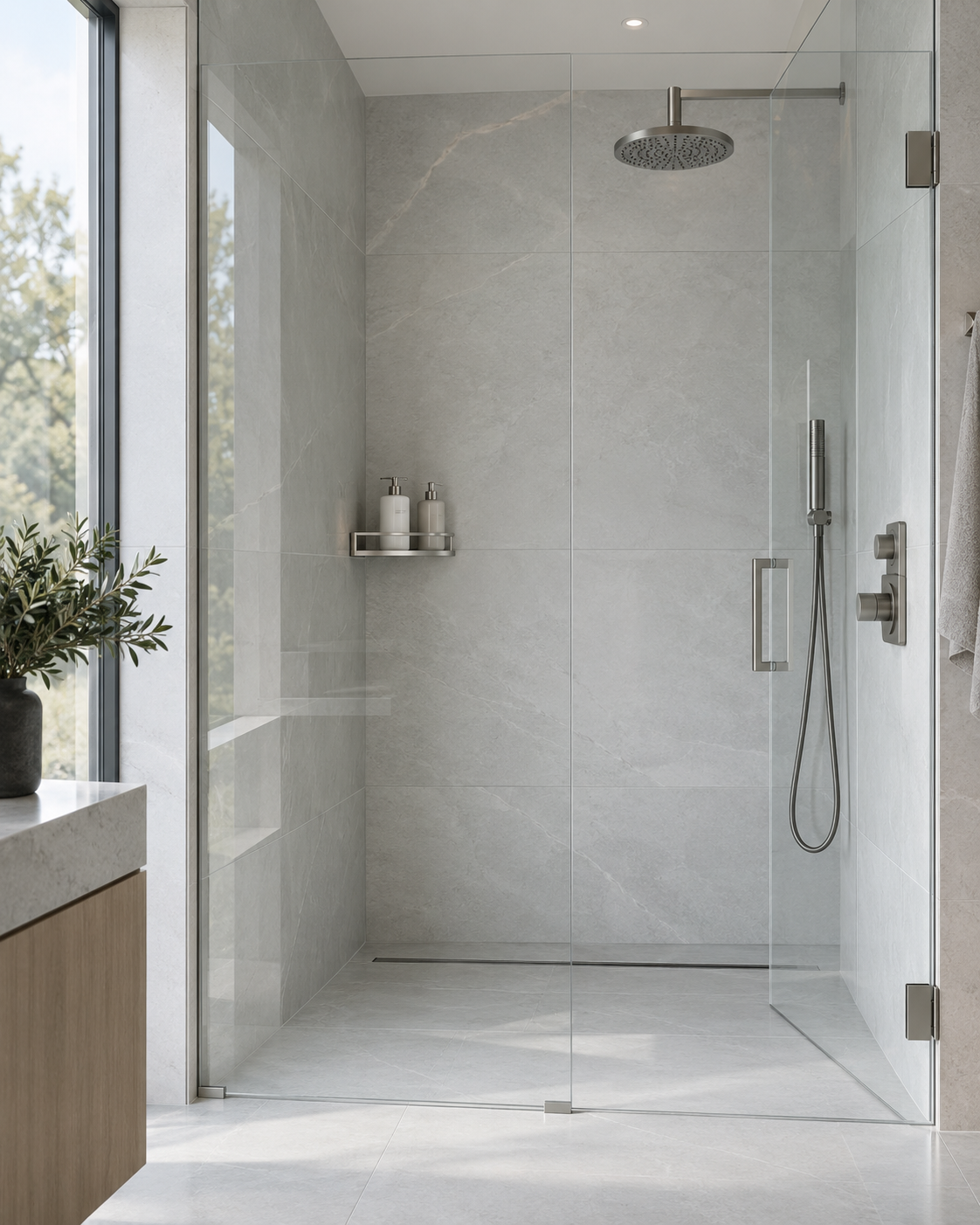 Clear-glass contemporary shower using one restrained storage system with an open uncluttered floor.