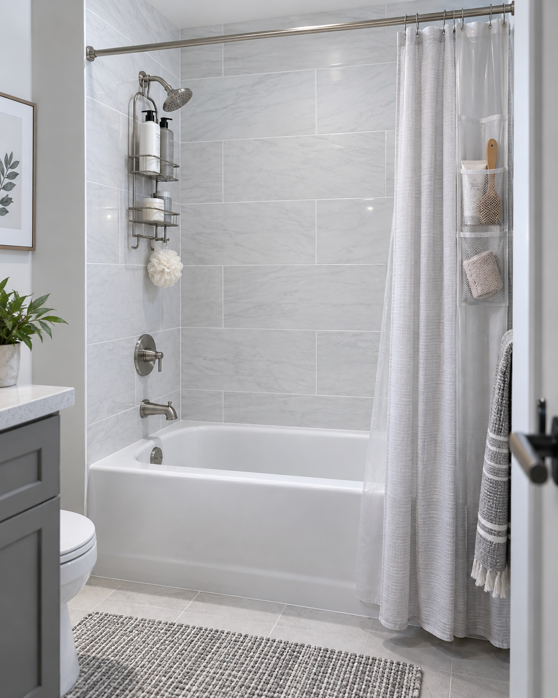 Stylish rental-friendly tub shower organized with hanging and removable storage without permanent wall installation.