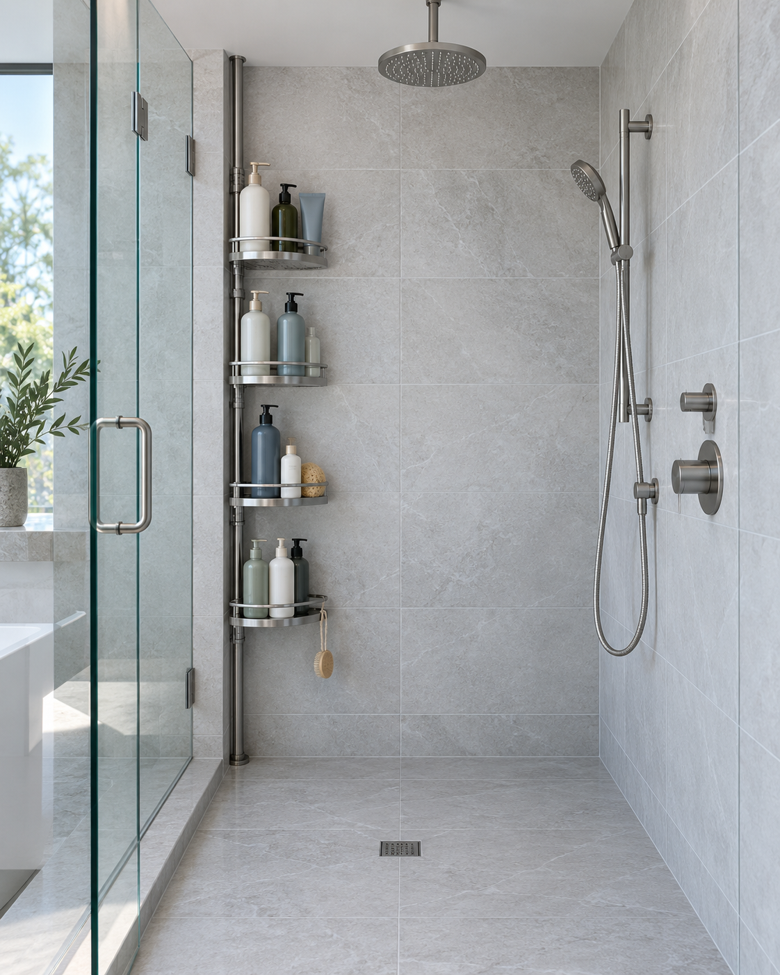 Shared modern shower with family toiletries concentrated into one vertical organizer while the wet floor stays clear.