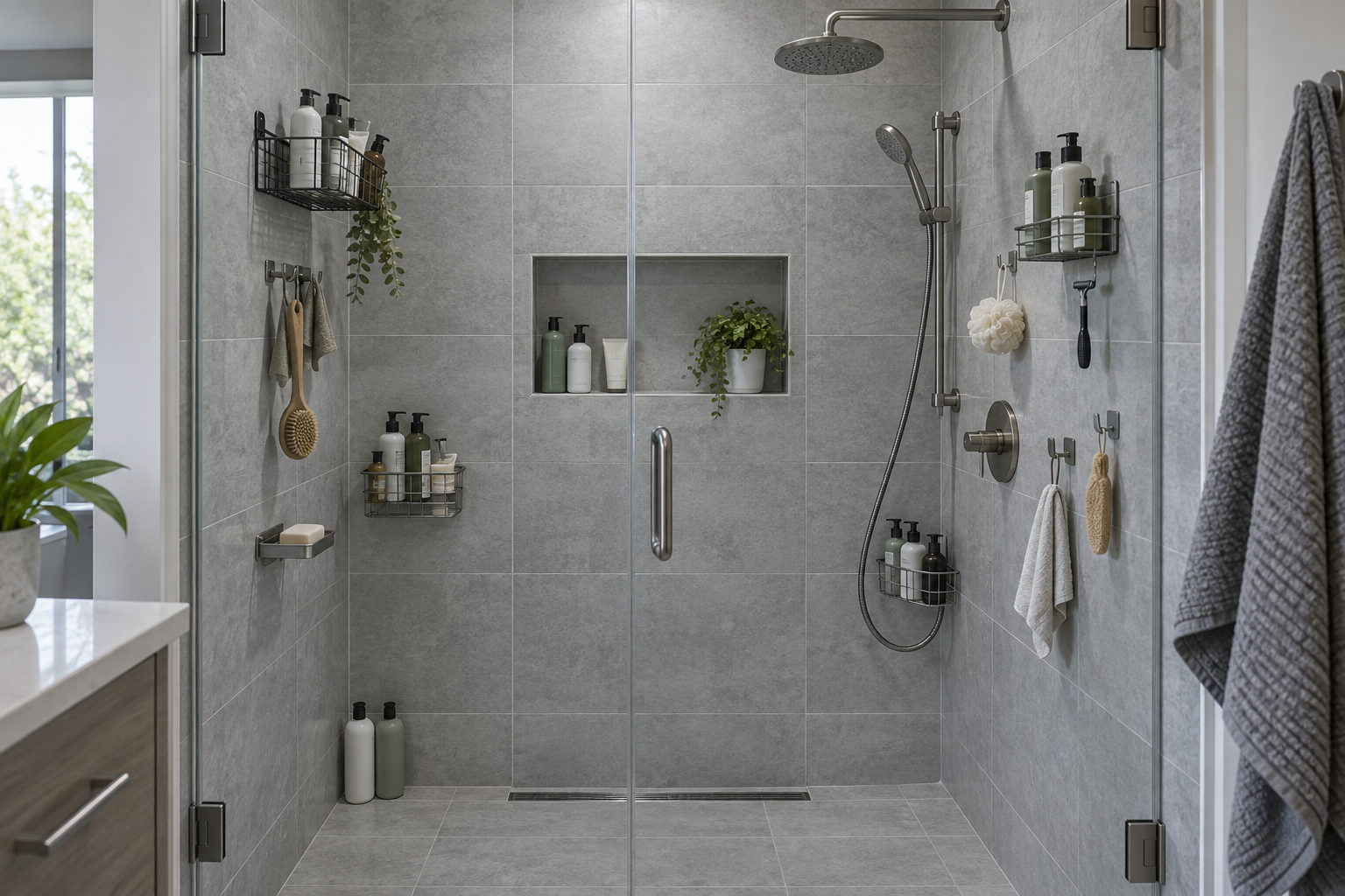 Modern shower overwhelmed by several separate organizers and scattered products despite otherwise clean finishes.