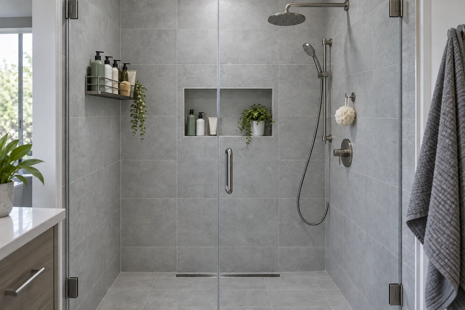 Same modern shower reorganized around one primary storage system with a clear hose route and open floor.