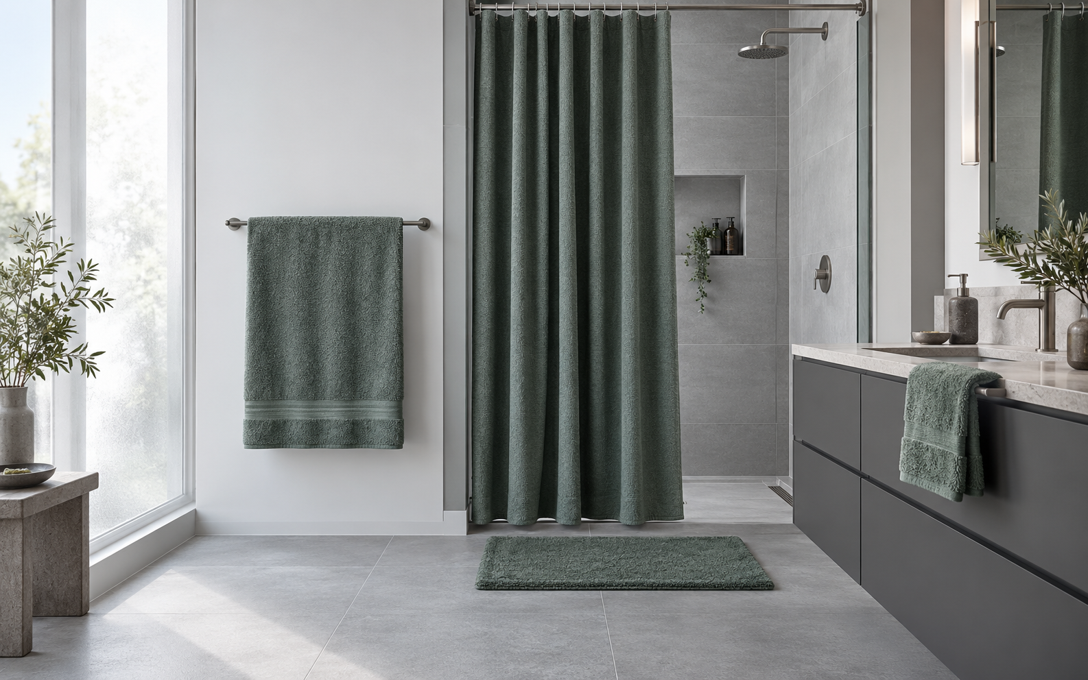 Bathroom Towels & Textiles - Ravnora Decor Elegant cool-toned modern bathroom with coordinated towels, floor textile and shower curtain.