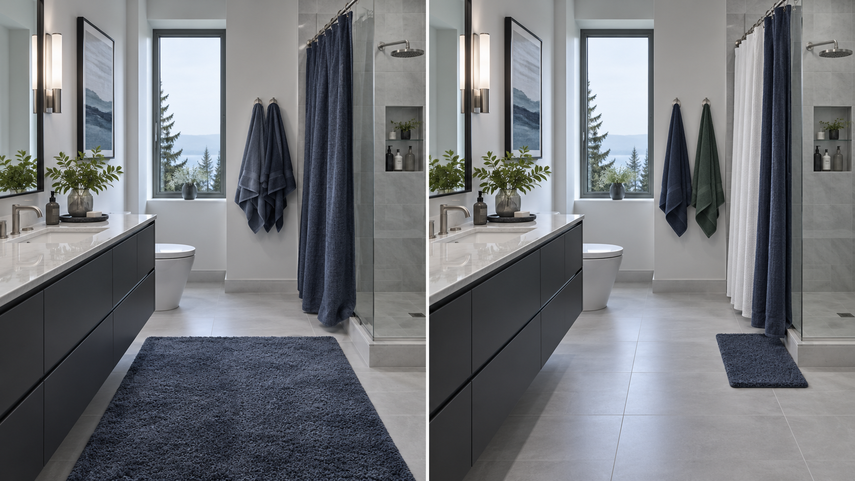 Bathroom Towels & Textiles - Ravnora Decor Same modern bathroom shown with an oversized floor textile and then with a calmer, more controlled wet-zone arrangement.