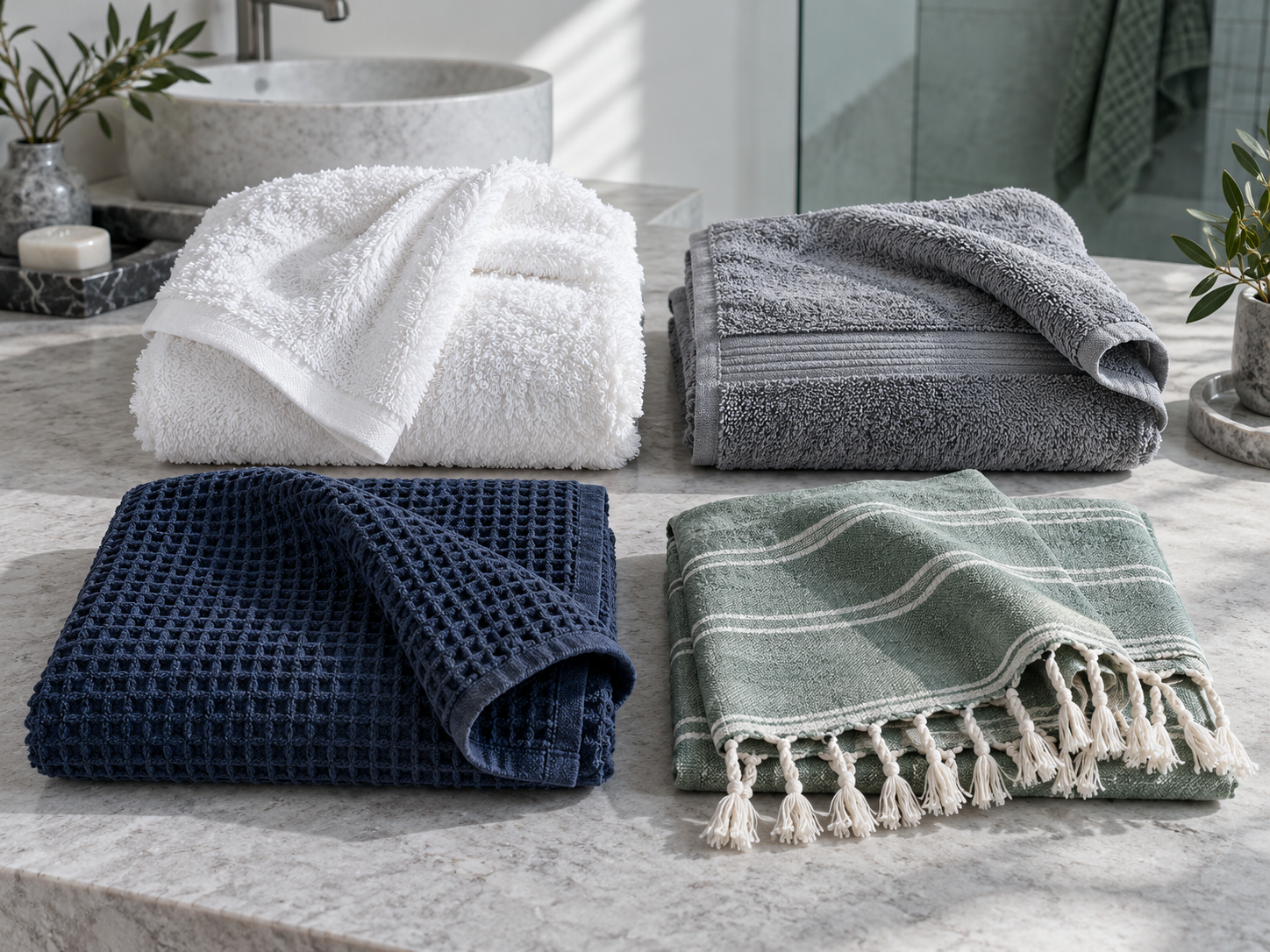 Bathroom Towels & Textiles - Ravnora Decor Editorial comparison of plush terry, balanced terry, waffle and flat-weave towel textures.
