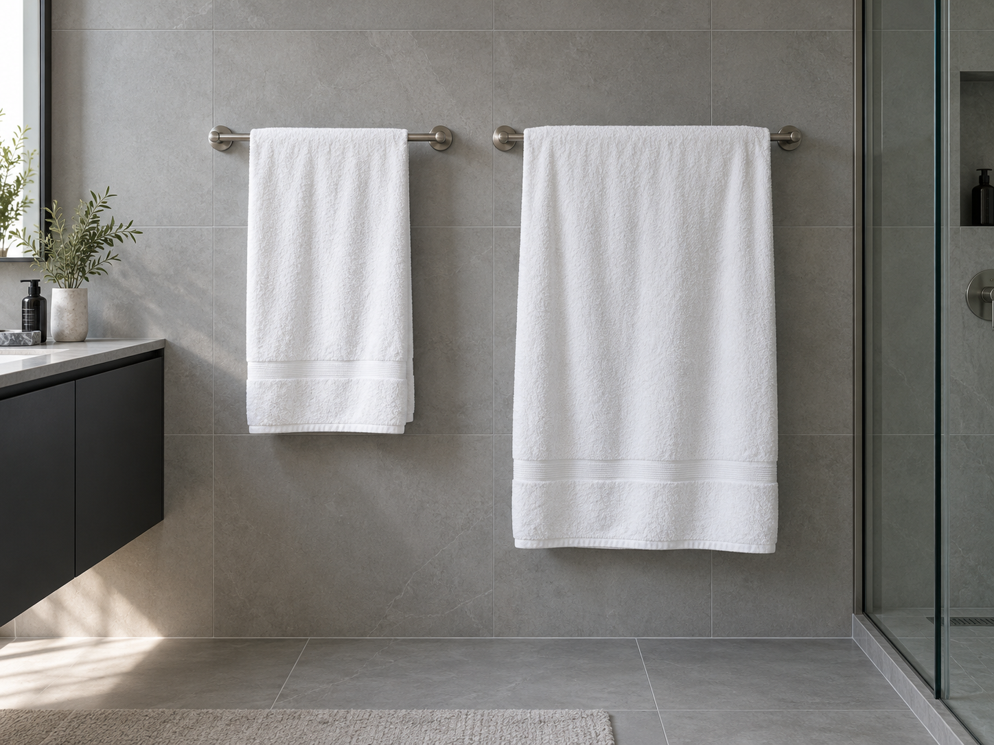 Bathroom Towels & Textiles - Ravnora Decor Standard bath towel and larger bath sheet hanging side by side to show the difference in coverage and hanging footprint.