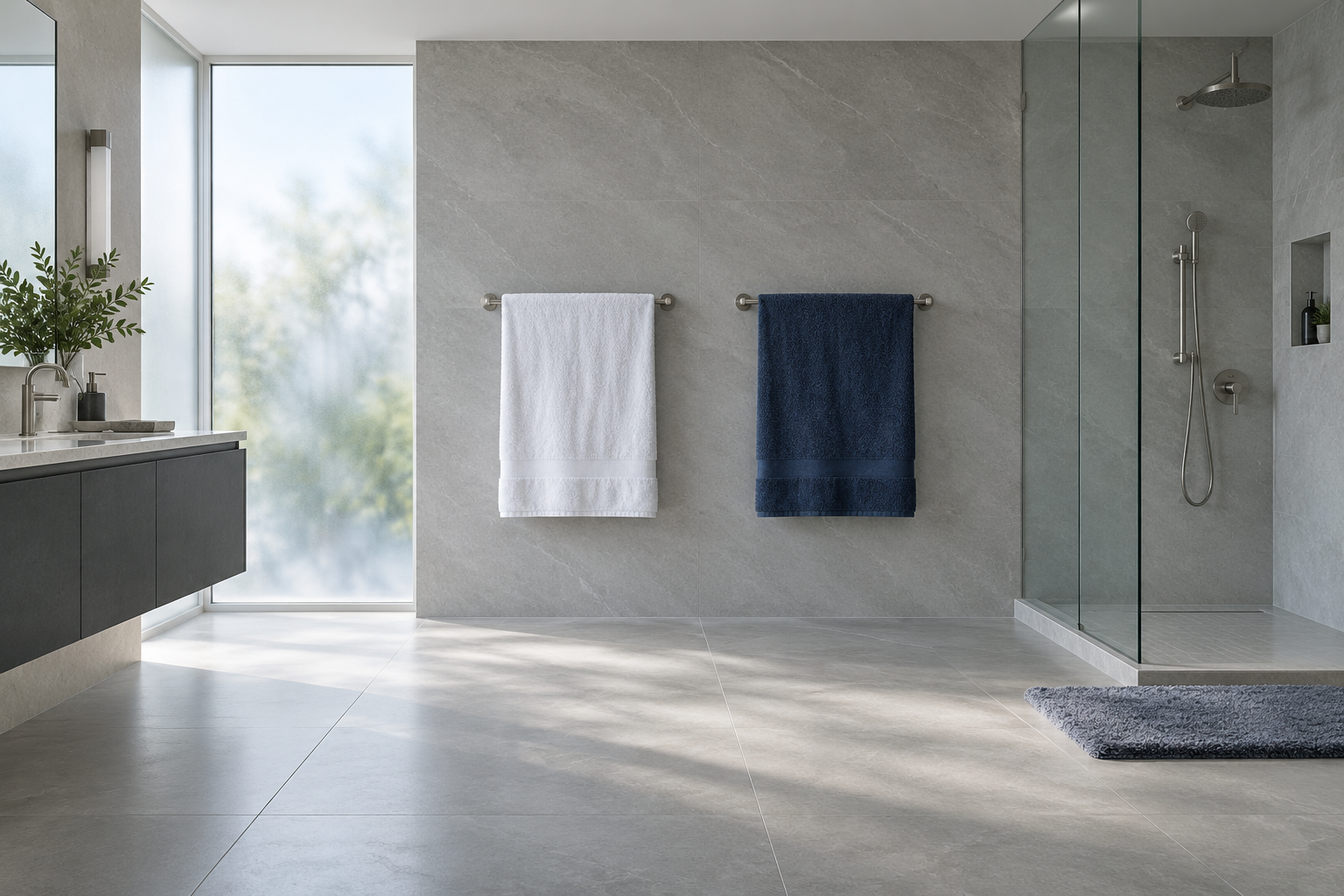 Bathroom Towels & Textiles - Ravnora Decor Well-ventilated contemporary bathroom styled with substantial plush towels and a restrained bath rug.