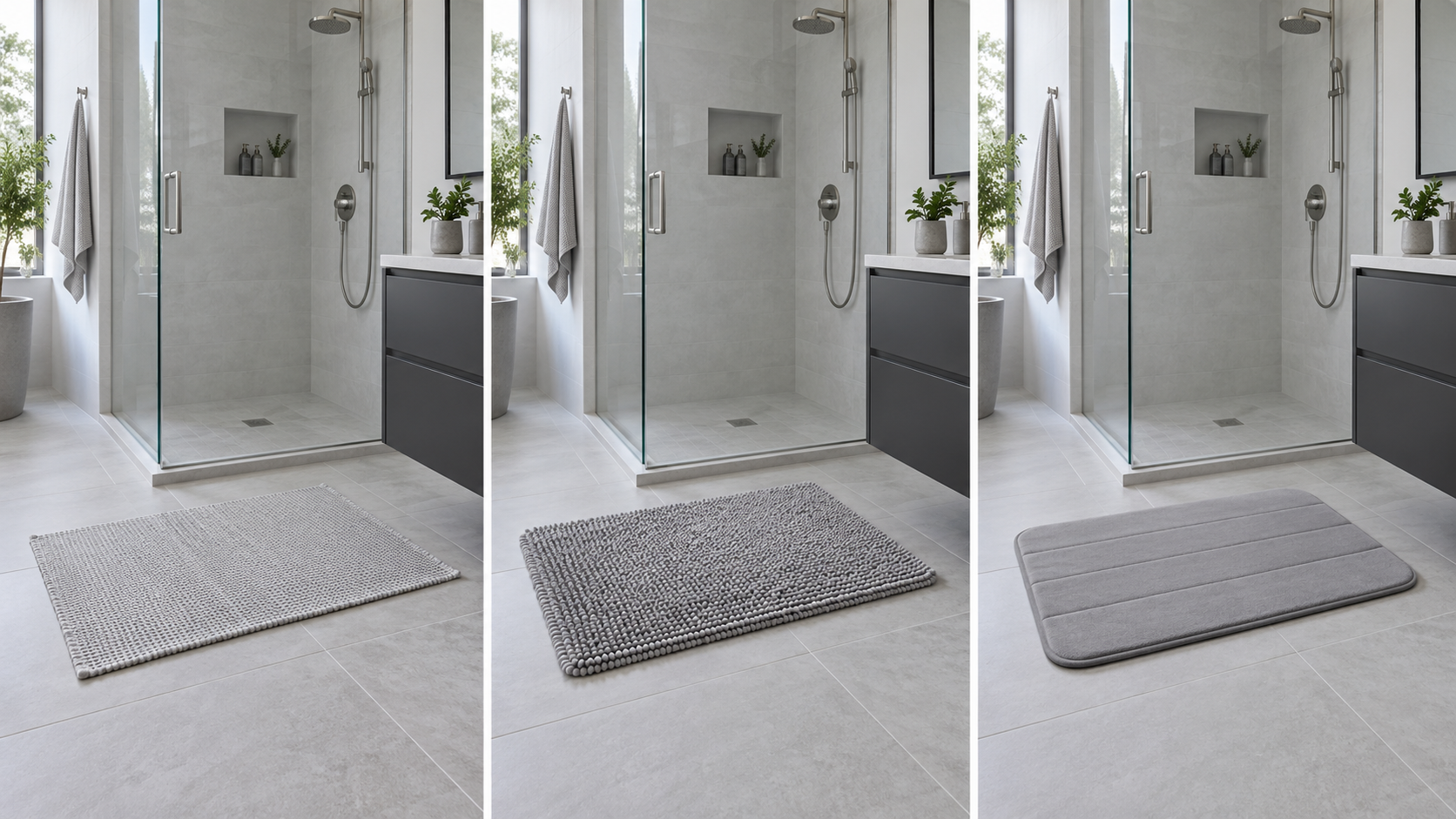 Bathroom Towels & Textiles - Ravnora Decor Modern shower-exit area comparing a low-profile cotton mat, chenille rug and memory-foam bath rug.