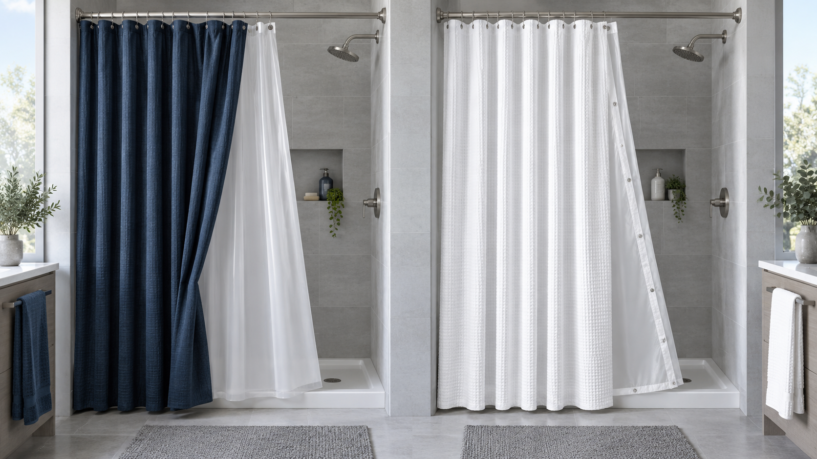 Bathroom Towels & Textiles - Ravnora Decor Separate outer shower curtain and liner compared with an integrated waffle curtain and snap-in liner system.
