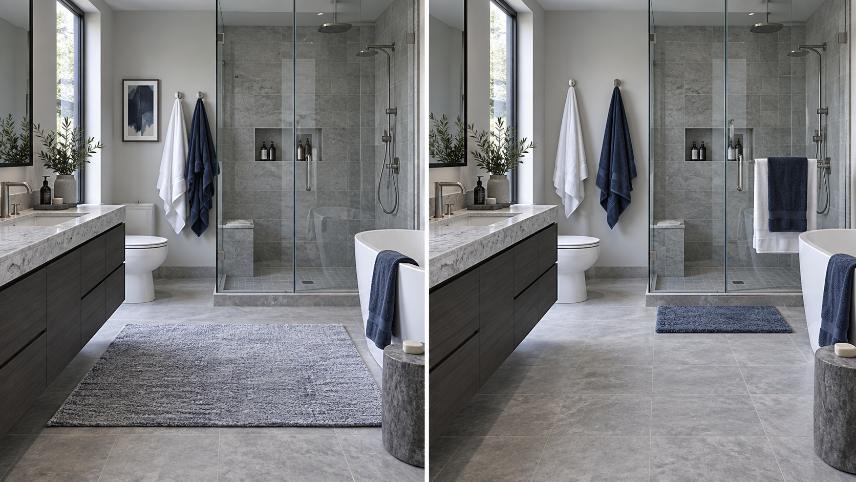Bathroom Towels & Textiles - Ravnora Decor Same modern bathroom before and after reducing textile crowding and improving towel, mat and shower-layer placement.