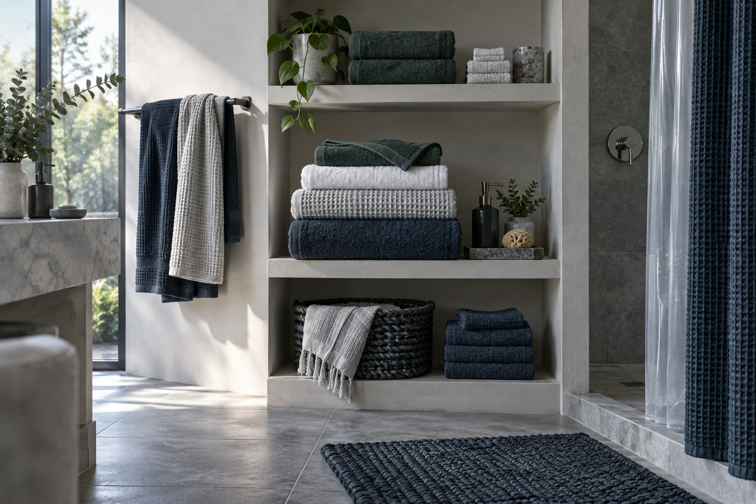 Bathroom Towels & Textiles - Ravnora Decor Editorial modern bathroom shelf displaying coordinated terry, waffle, flat-weave, hand, floor and shower textiles.