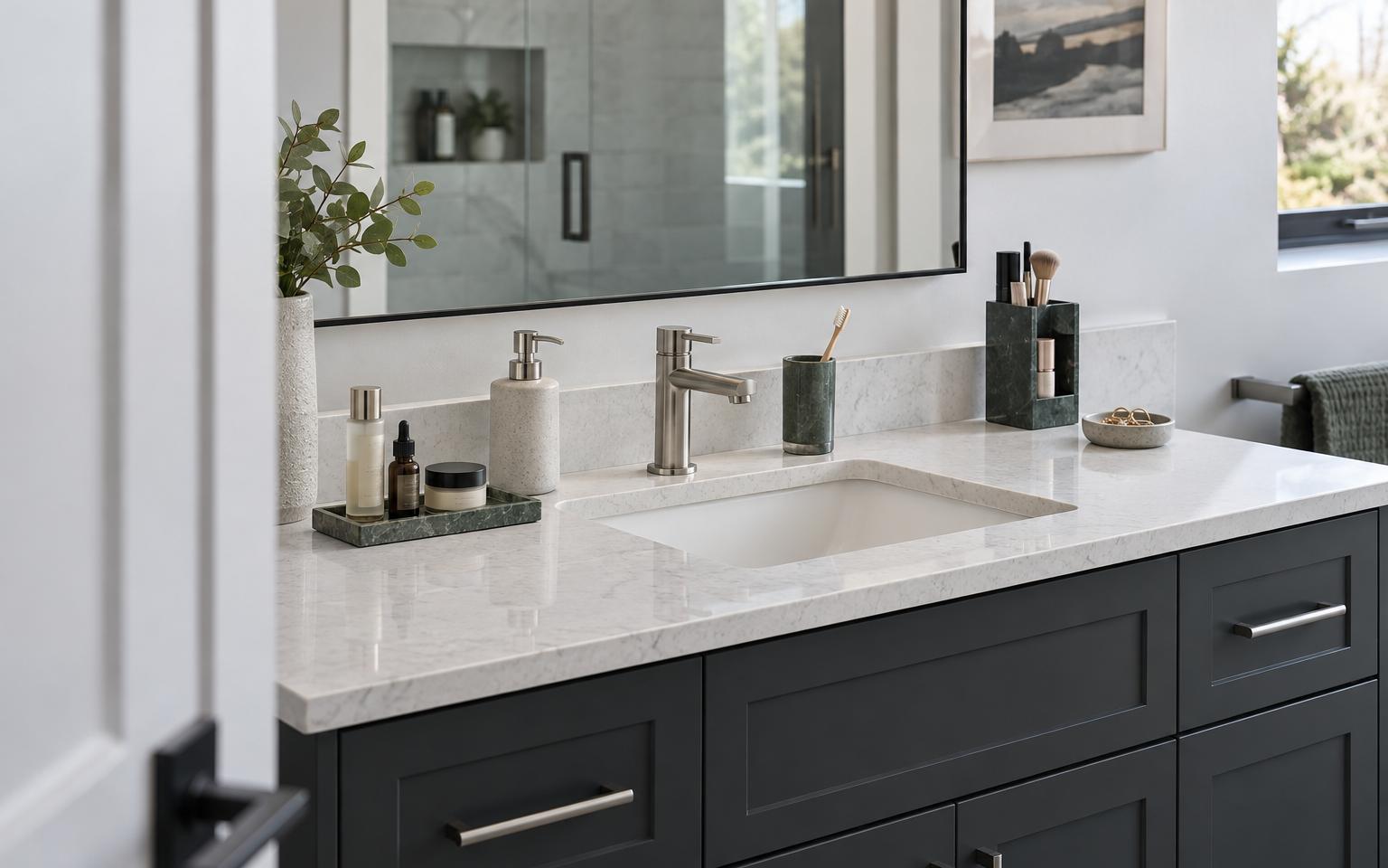 Organized contemporary bathroom vanity with daily essentials grouped while leaving usable counter space clear