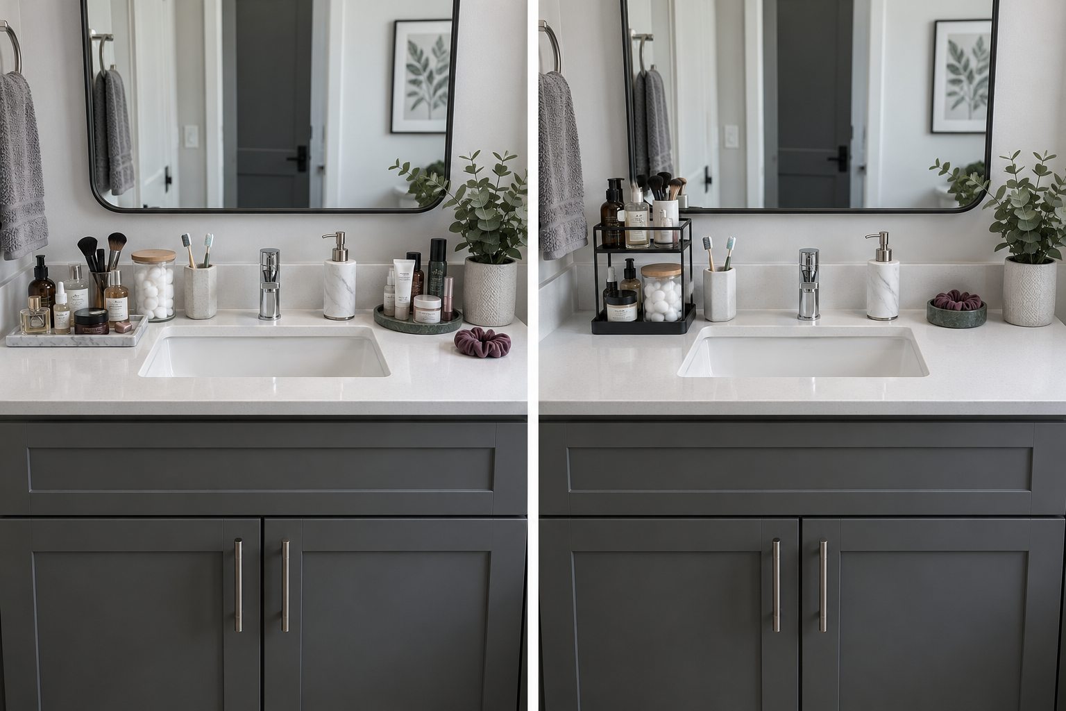 Same bathroom vanity comparing products spread across the counter with a vertically consolidated setup preserving open workspace