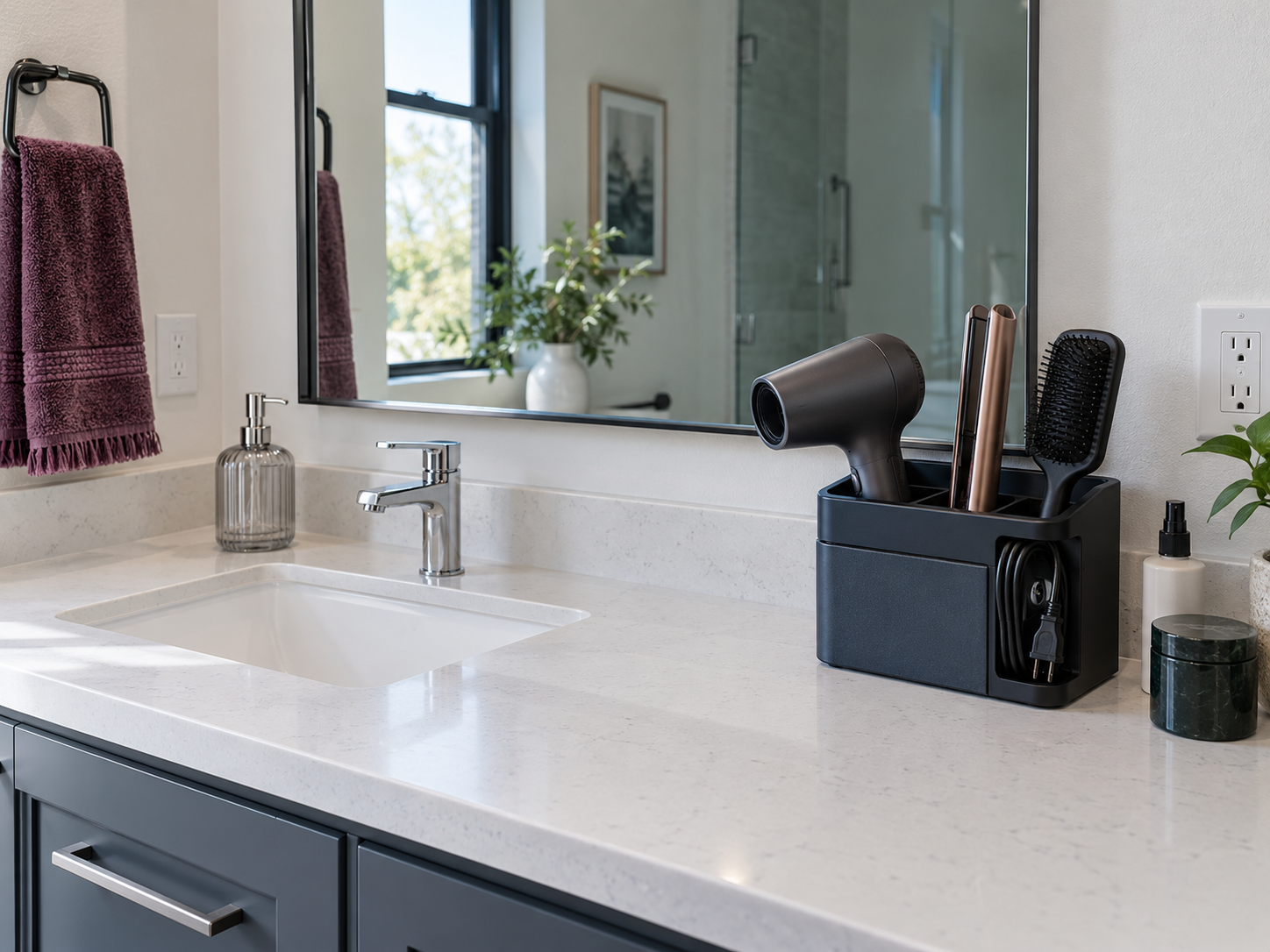 Bathroom vanity with hair dryer and styling tools contained in a dedicated organizer beside clear working counter space