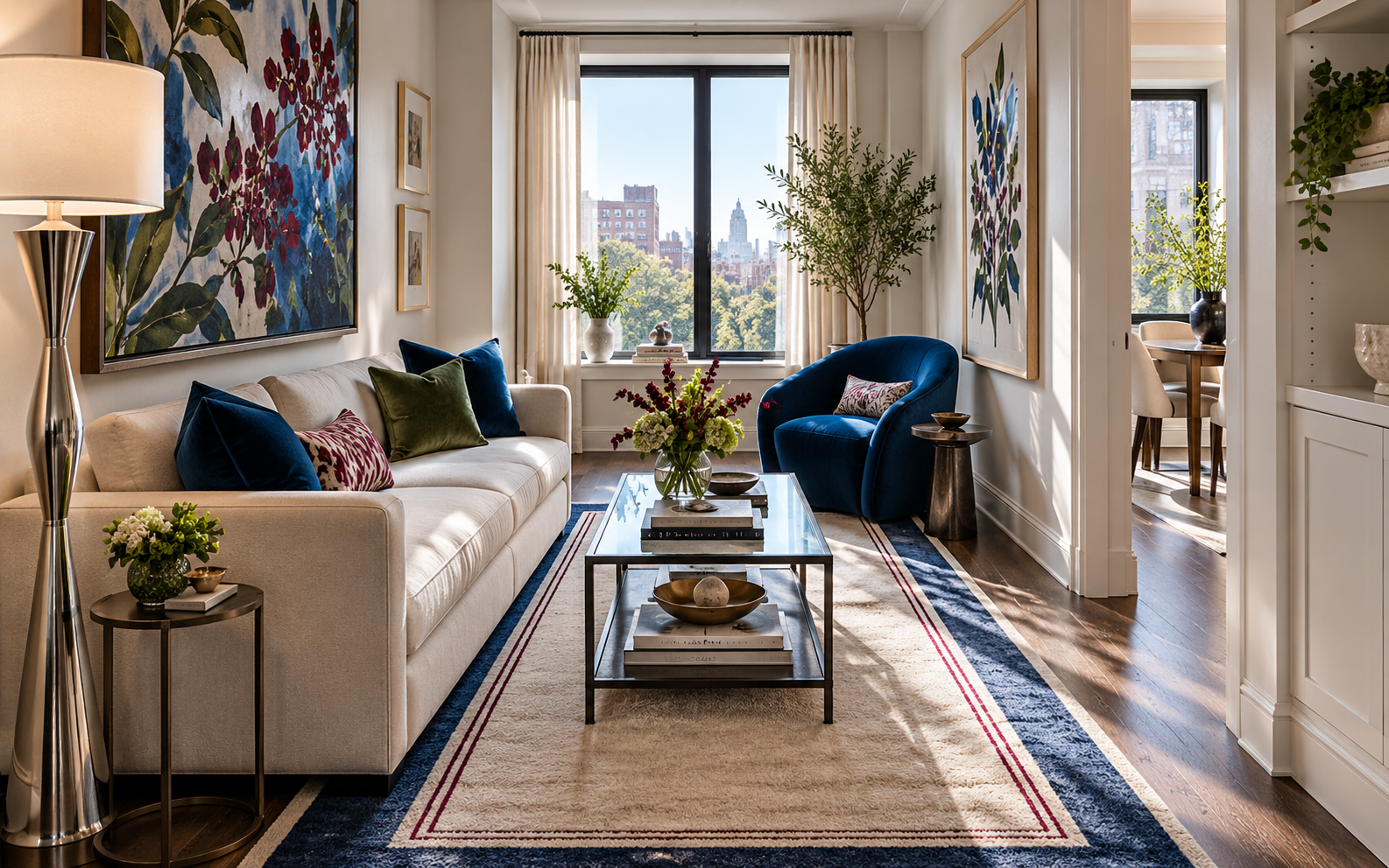 Beautiful narrow living room with cobalt chair and clear circulation