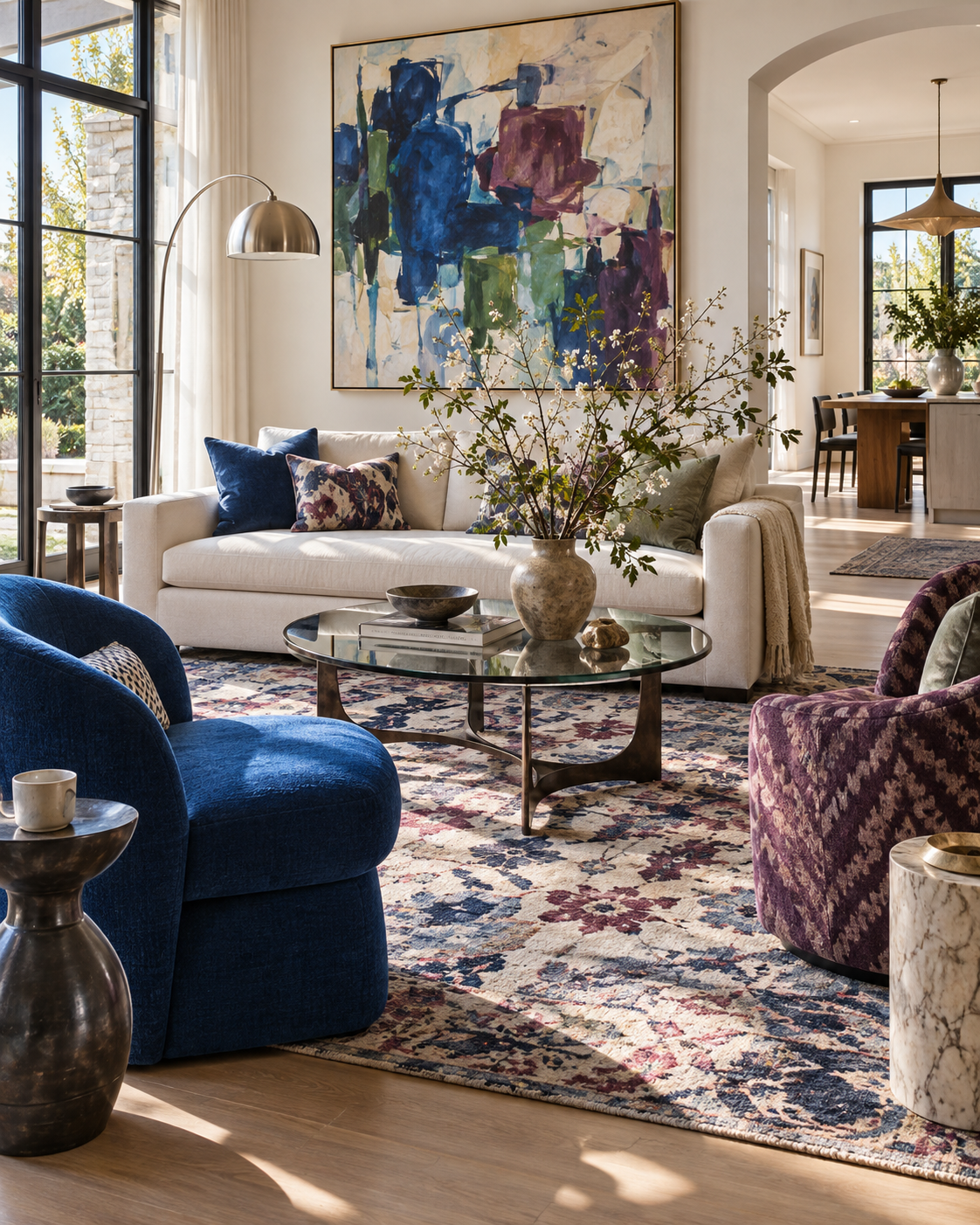 Colorful contemporary living room with cobalt and plum seating