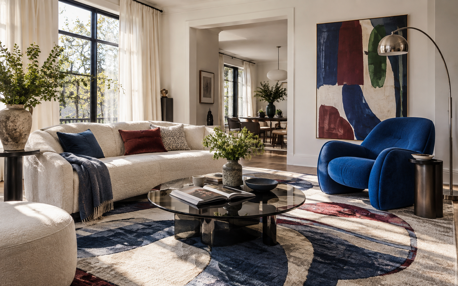 Colorful contemporary living room with cobalt chair, ivory sofa, expressive artwork and natural daylight