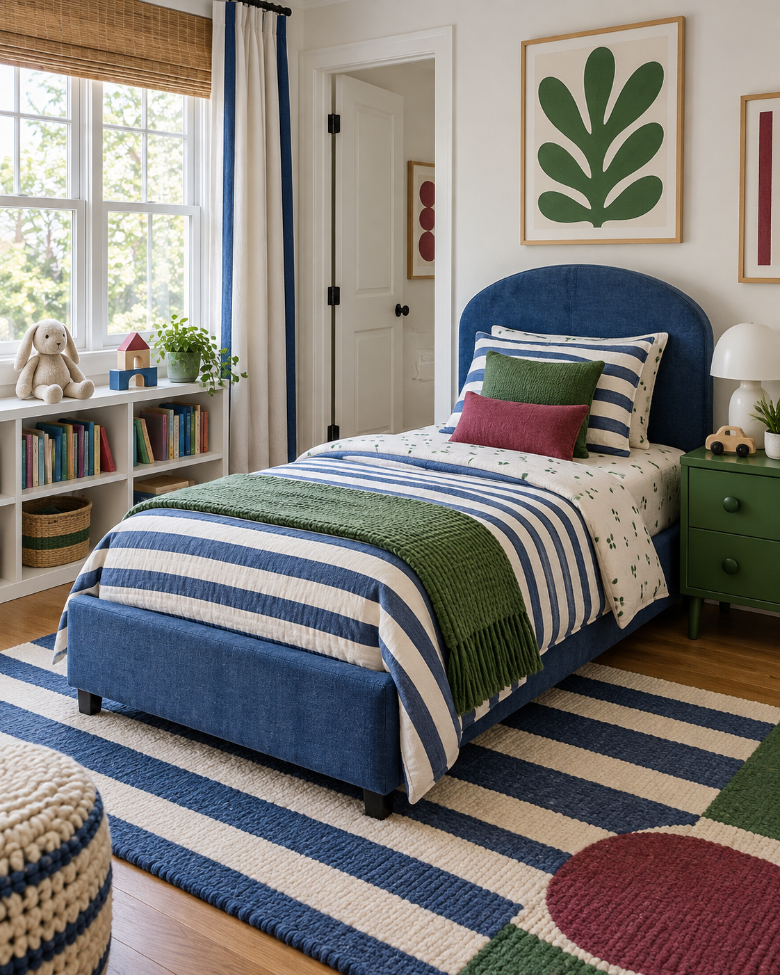 Colorful kids bedroom with blue striped bedding
