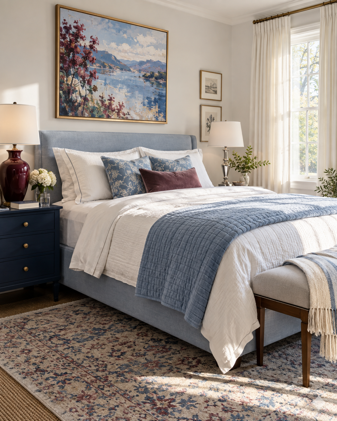 Bright contemporary bedroom with layered blue and burgundy accents