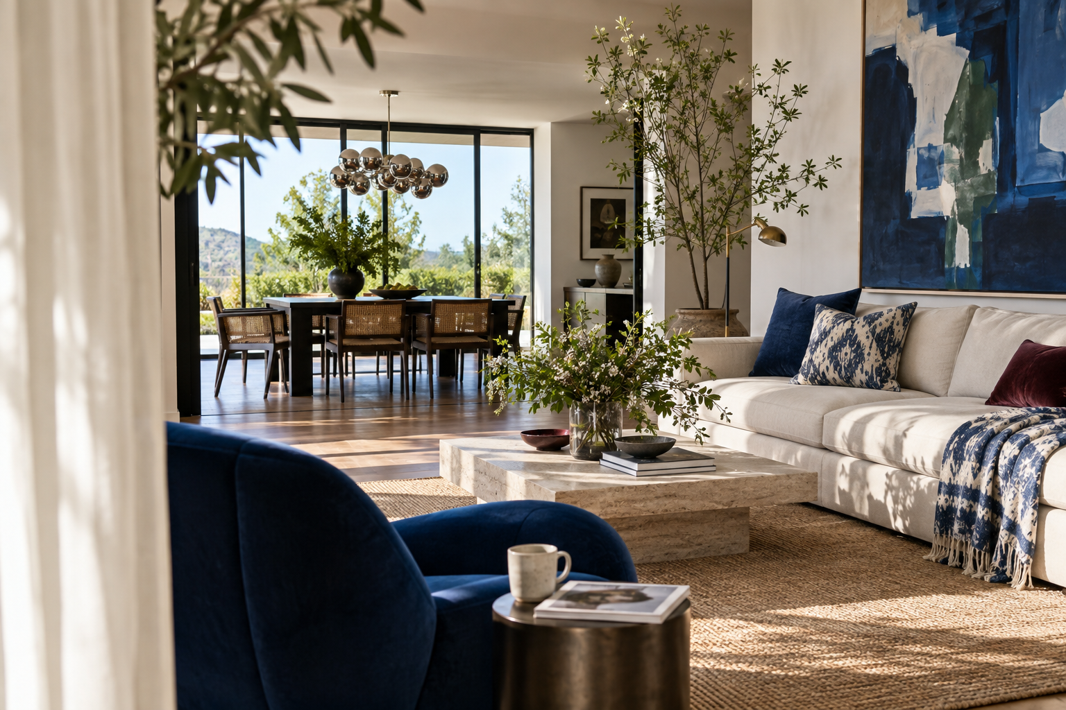 Layered colorful open living and dining room with contemporary furniture, artwork and natural daylight