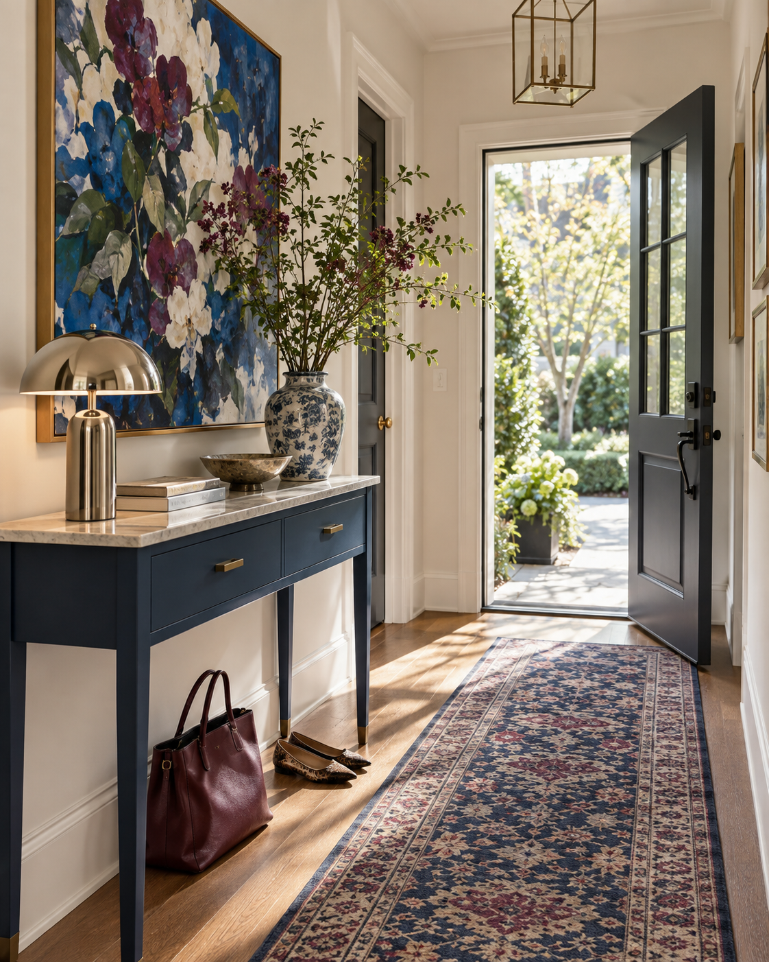 Colorful small entryway with blue console